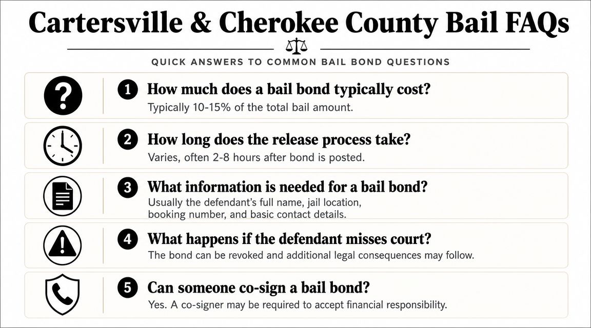An infographic titled Cartersville and Cherokee County Bail FAQs outlining five common questions and answers about bail bonds.