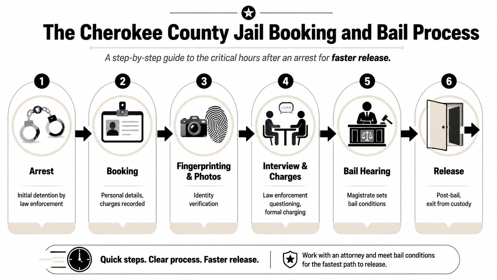 A visual flow chart detailing the Cherokee County Jail booking and bail process from arrest to release.