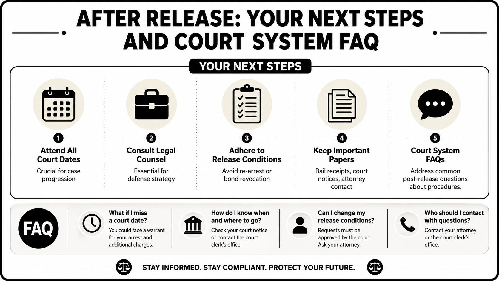 An infographic titled After Release: Your Next Steps, detailing legal procedures, court dates, and compliance requirements.
