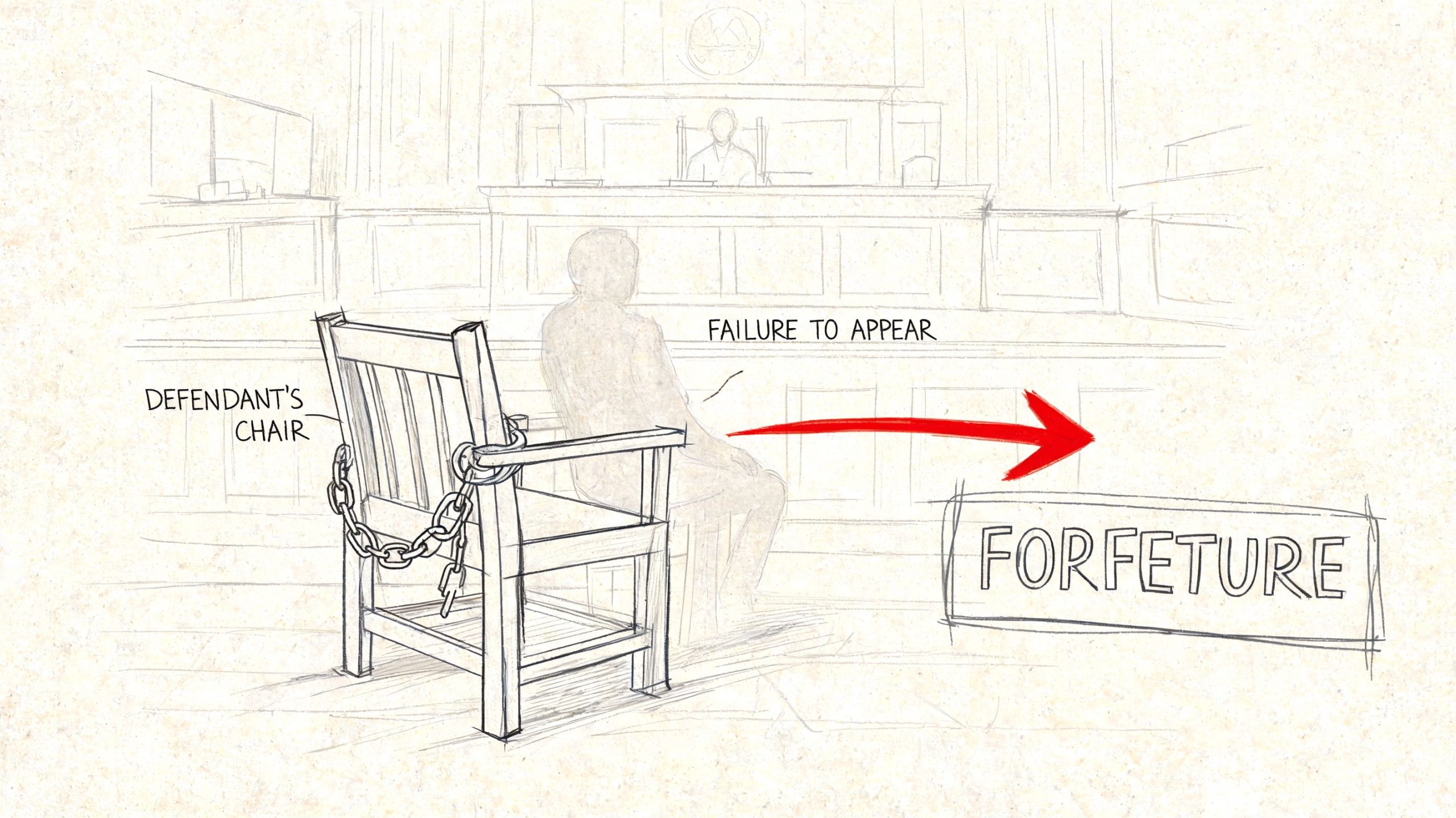 A pencil sketch of a courtroom chair illustrating the legal concept of bail bond forfeiture due to non-appearance.