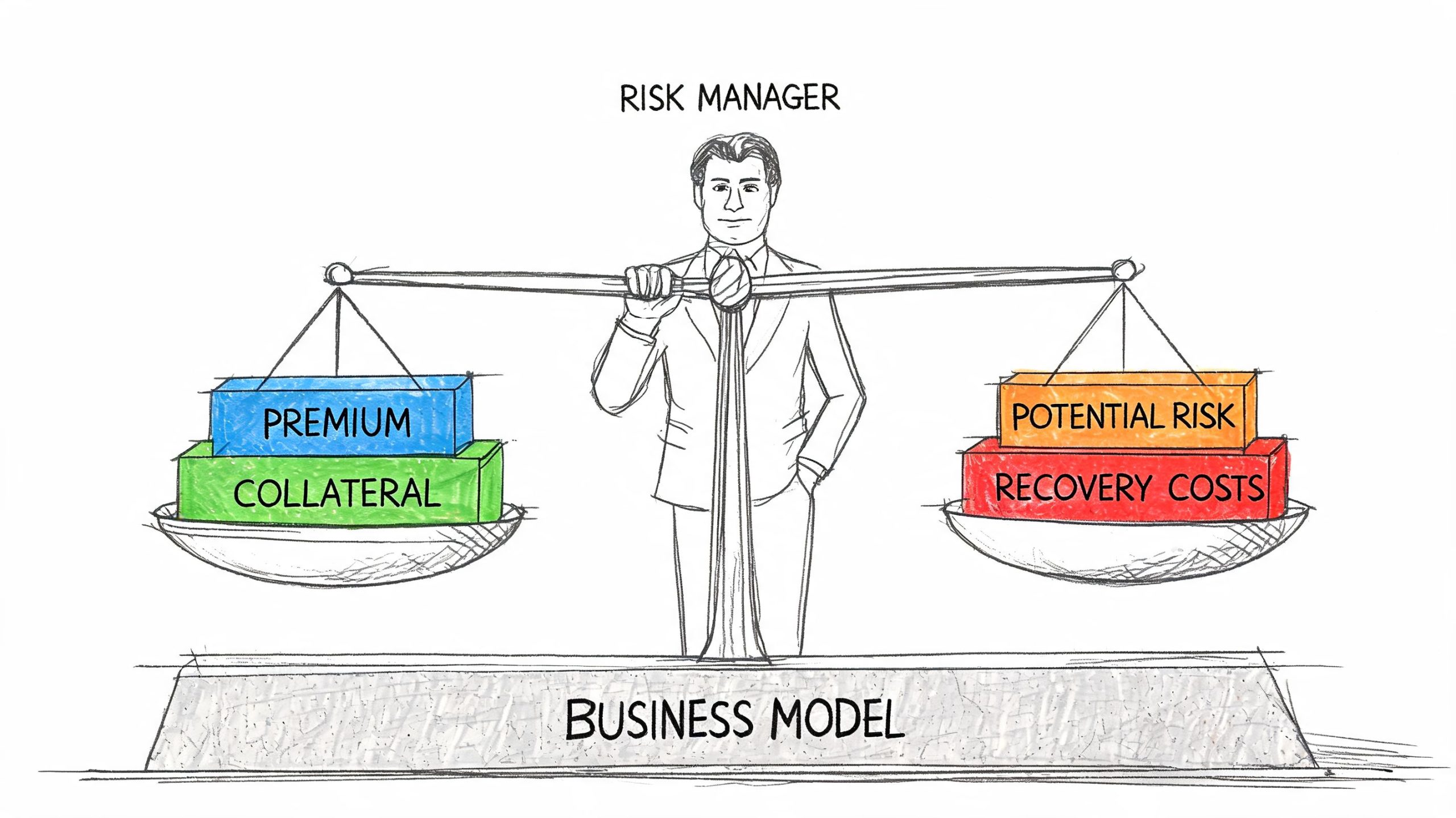 A risk manager balancing business model factors like premium, collateral, potential risk, and recovery costs on scales.