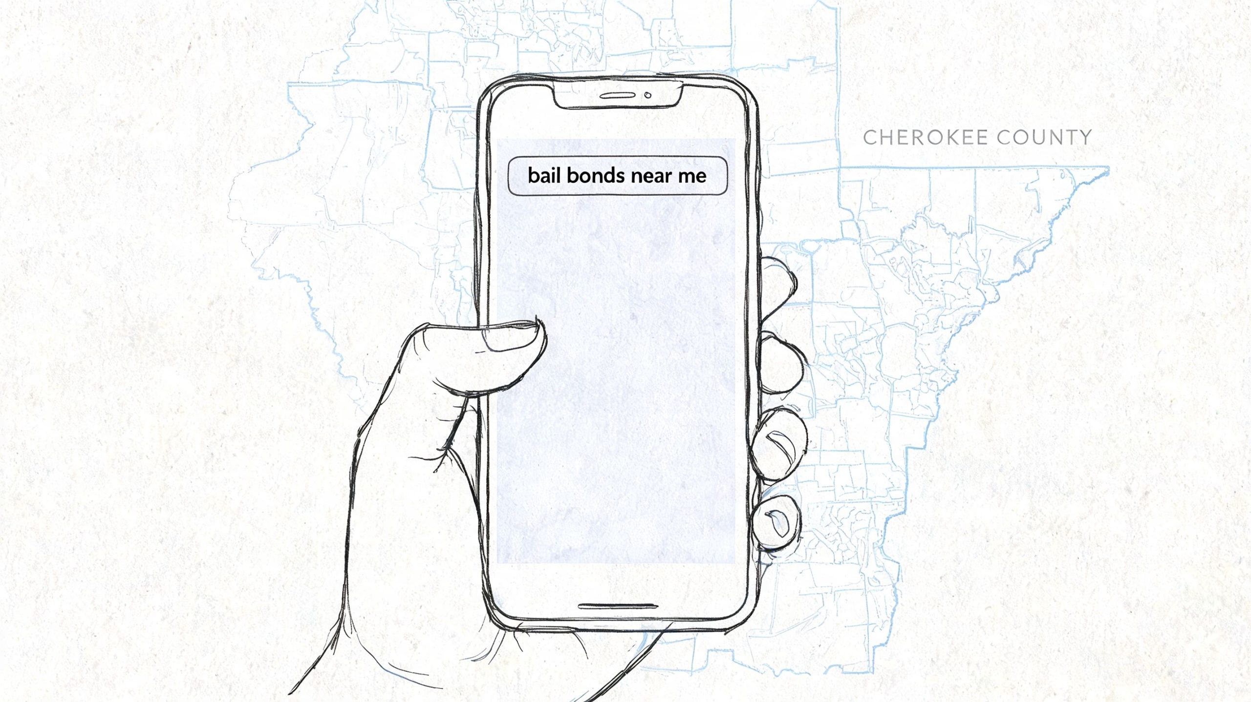 A hand holding a smartphone with the search phrase bail bonds near me on the screen.