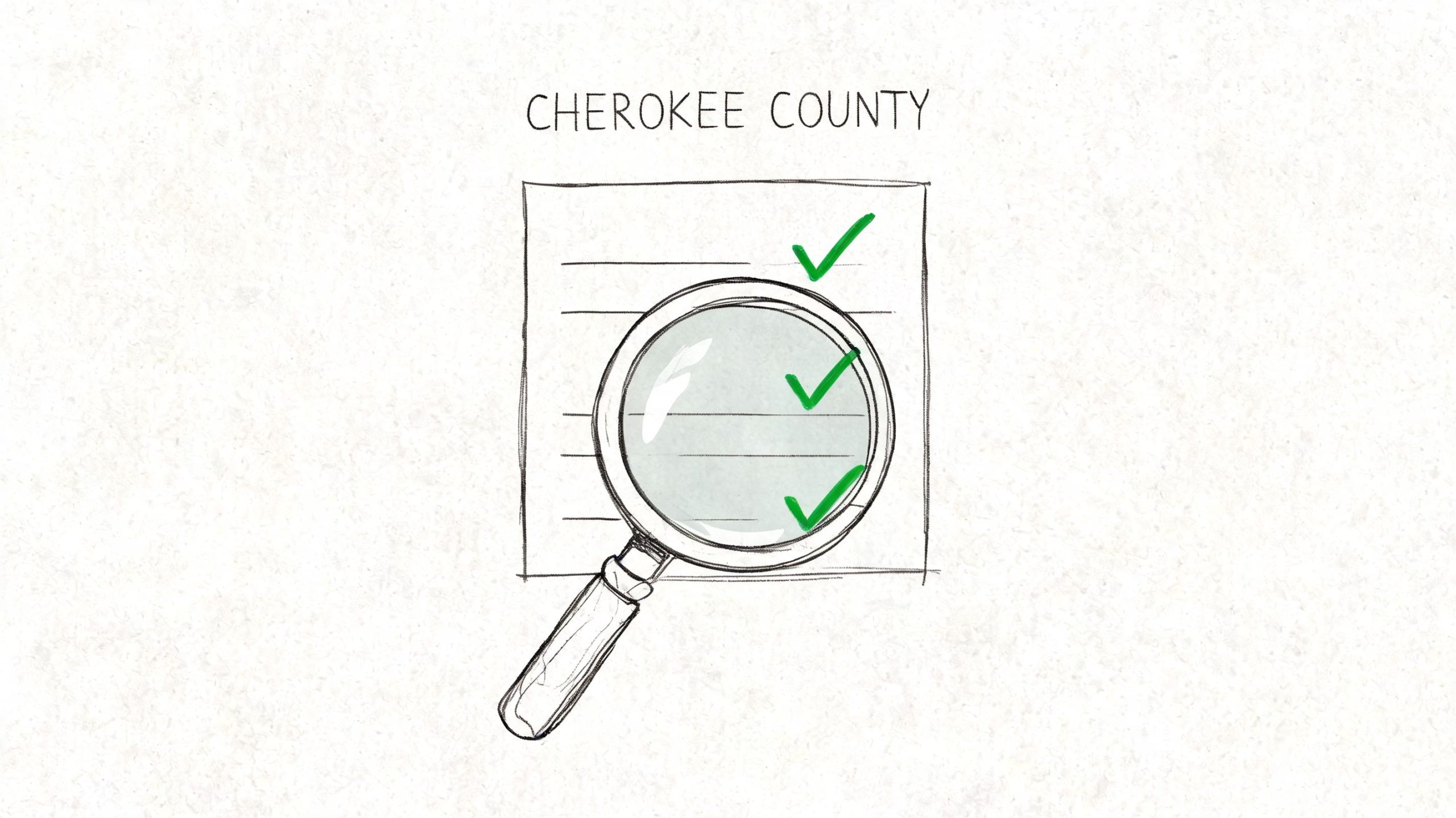 A hand-drawn illustration showing a magnifying glass over a checklist with green checkmarks in Cherokee County.