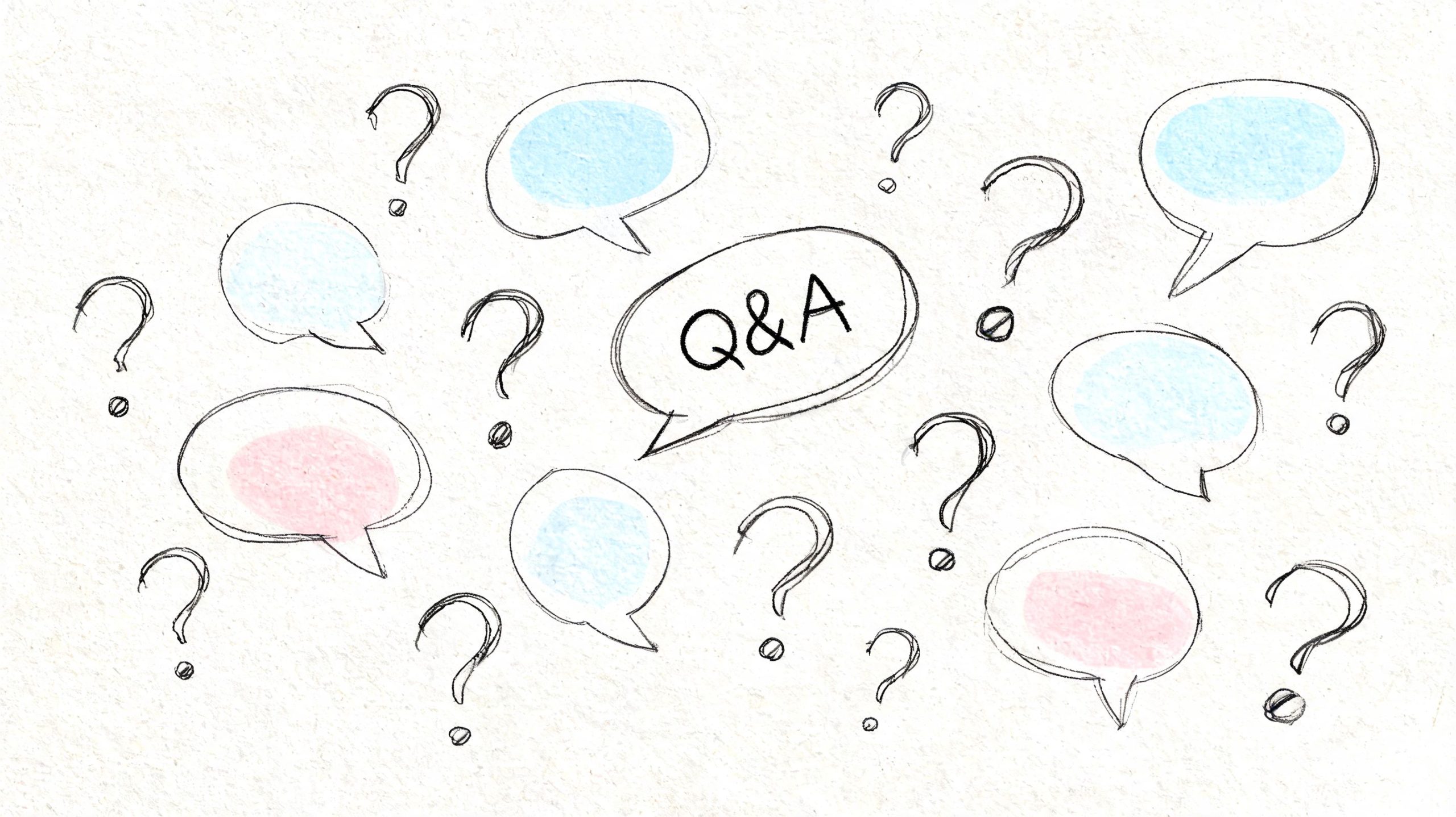 A hand-drawn illustration with a central Q&A speech bubble surrounded by multiple empty speech bubbles and question marks.