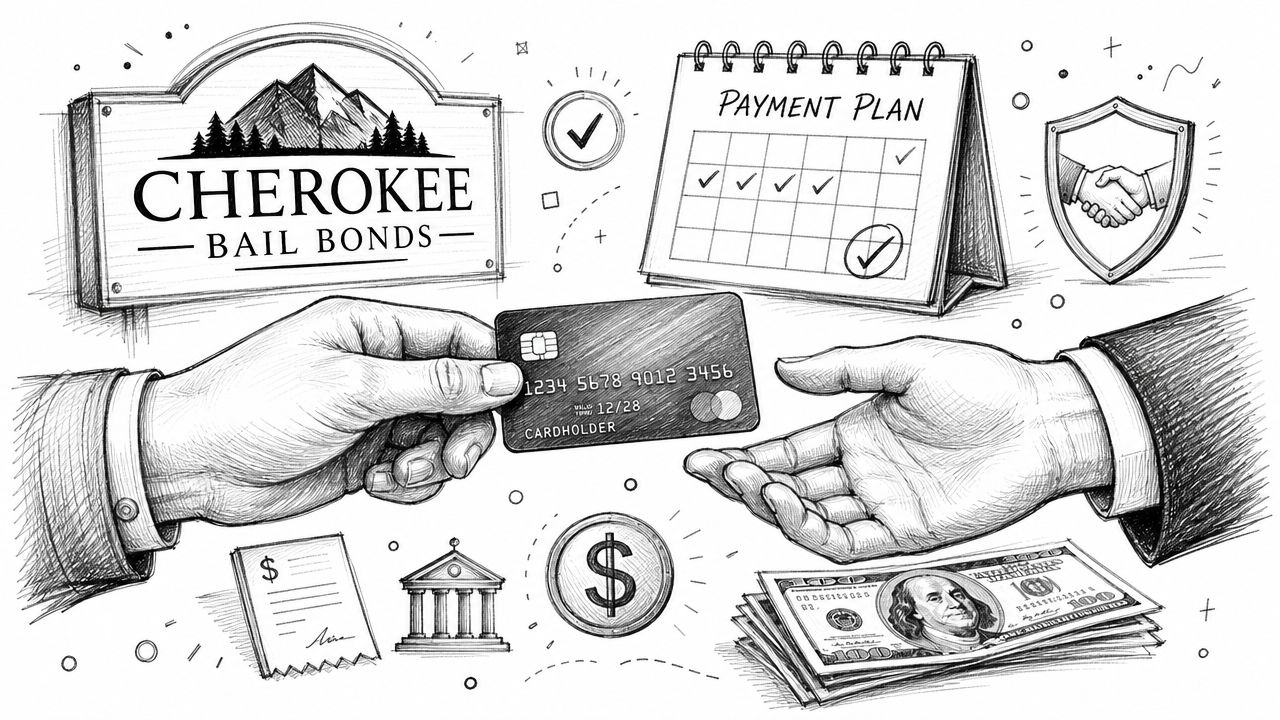 A hand handing a credit card to another hand near a Cherokee Bail Bonds sign and cash.
