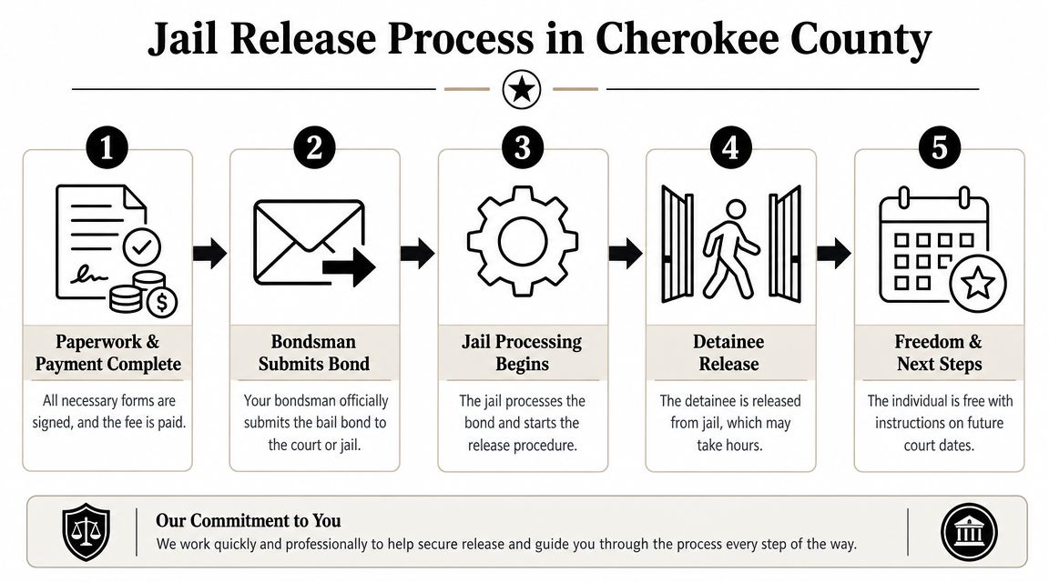 A five-step infographic showing the jail release process in Cherokee County, from paperwork to final release.