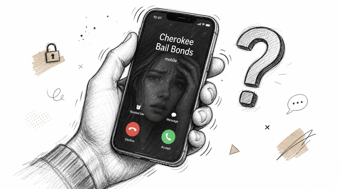 A hand holding a smartphone displaying an incoming call from Cherokee Bail Bonds with a worried woman's face.