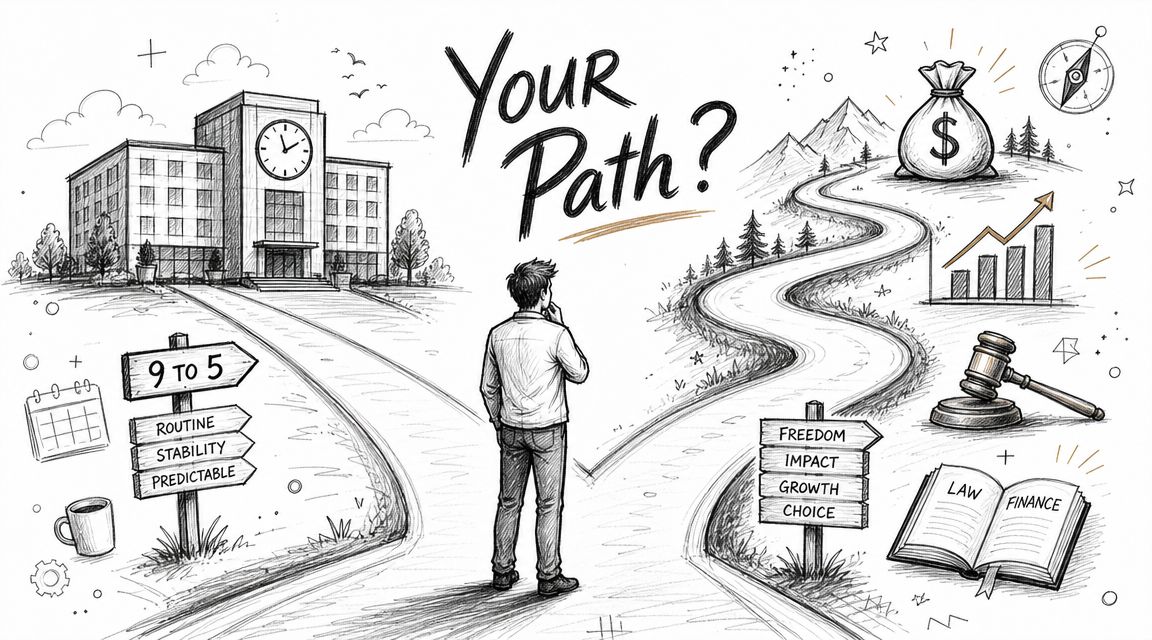 A person standing at a crossroads choosing between a traditional office career and an entrepreneurial path.
