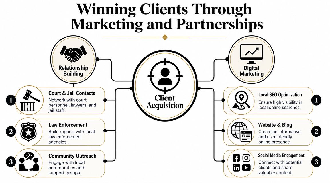 A diagram outlining strategies for client acquisition in a bail bonds business through marketing and networking.