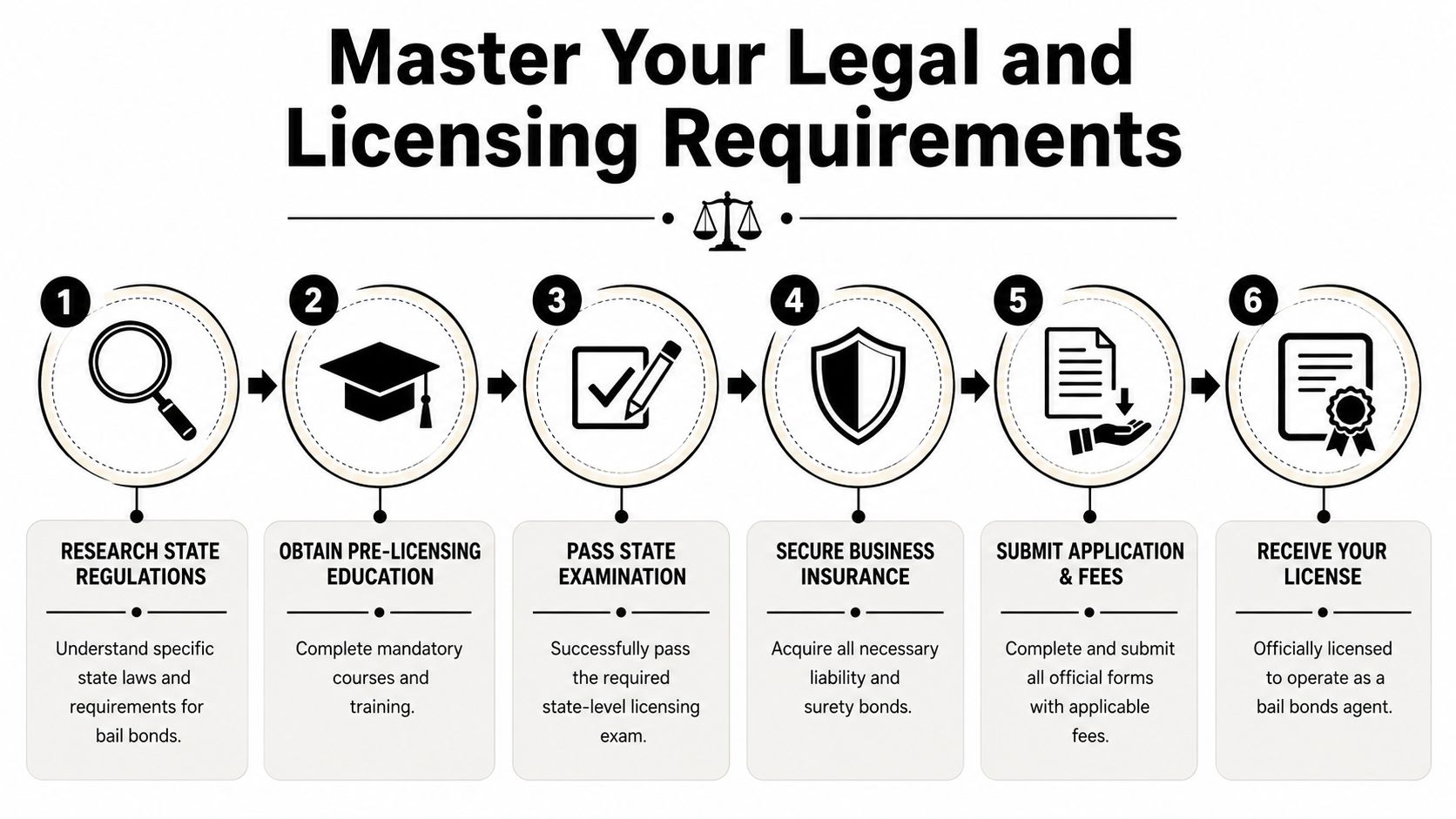 A six-step infographic detailing the legal and licensing requirements to become a professional bail bonds agent.