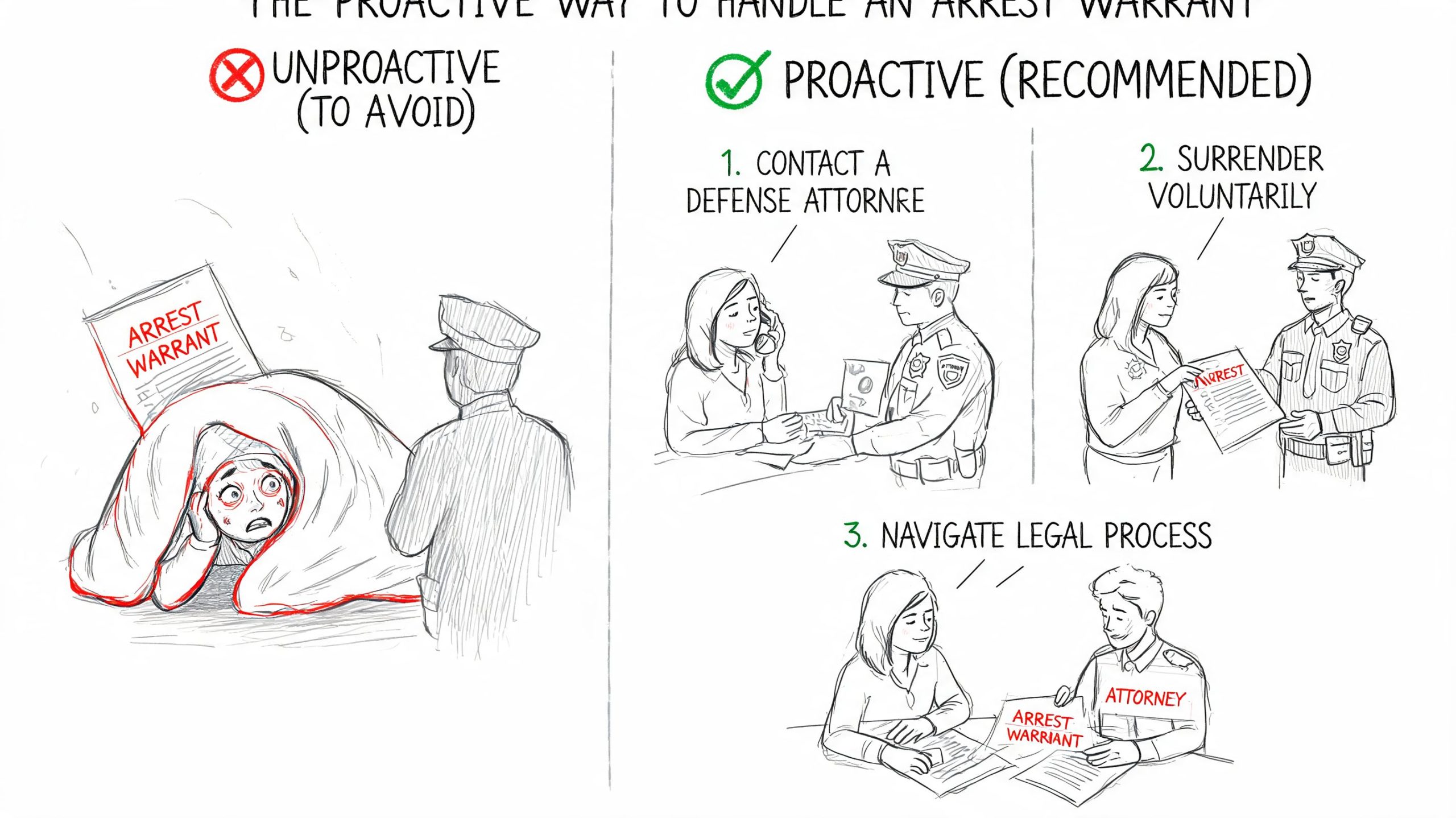An infographic illustrating the proactive approach to handling an arrest warrant by surrendering with legal counsel.