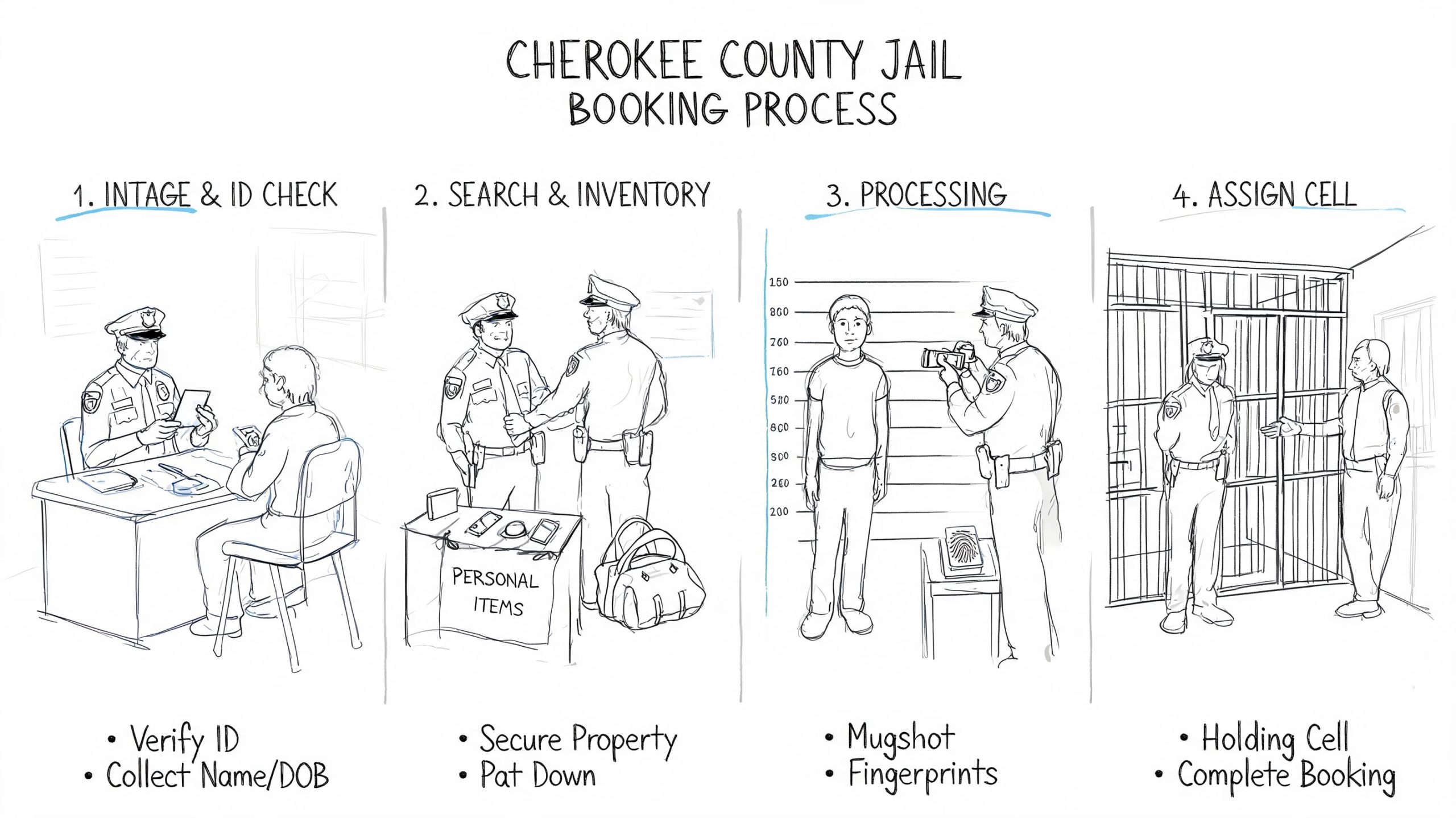 A diagram illustrating the four-step booking process at the Cherokee County Jail for a new inmate.