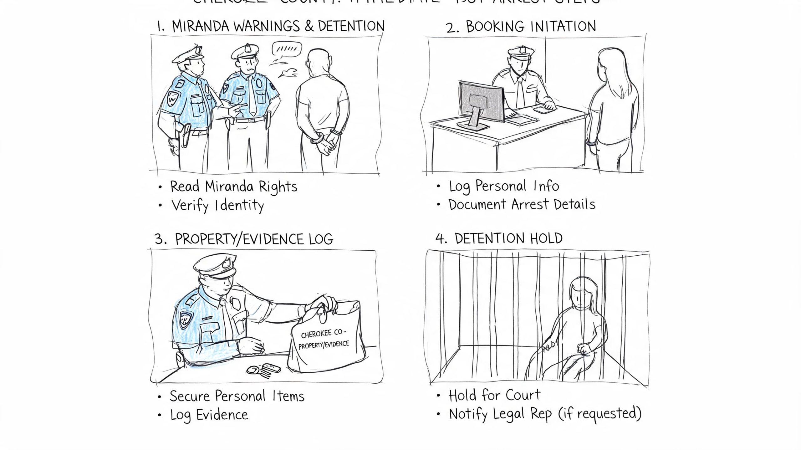A diagram illustrating the four steps of the Cherokee County arrest procedure from detention to court holding.