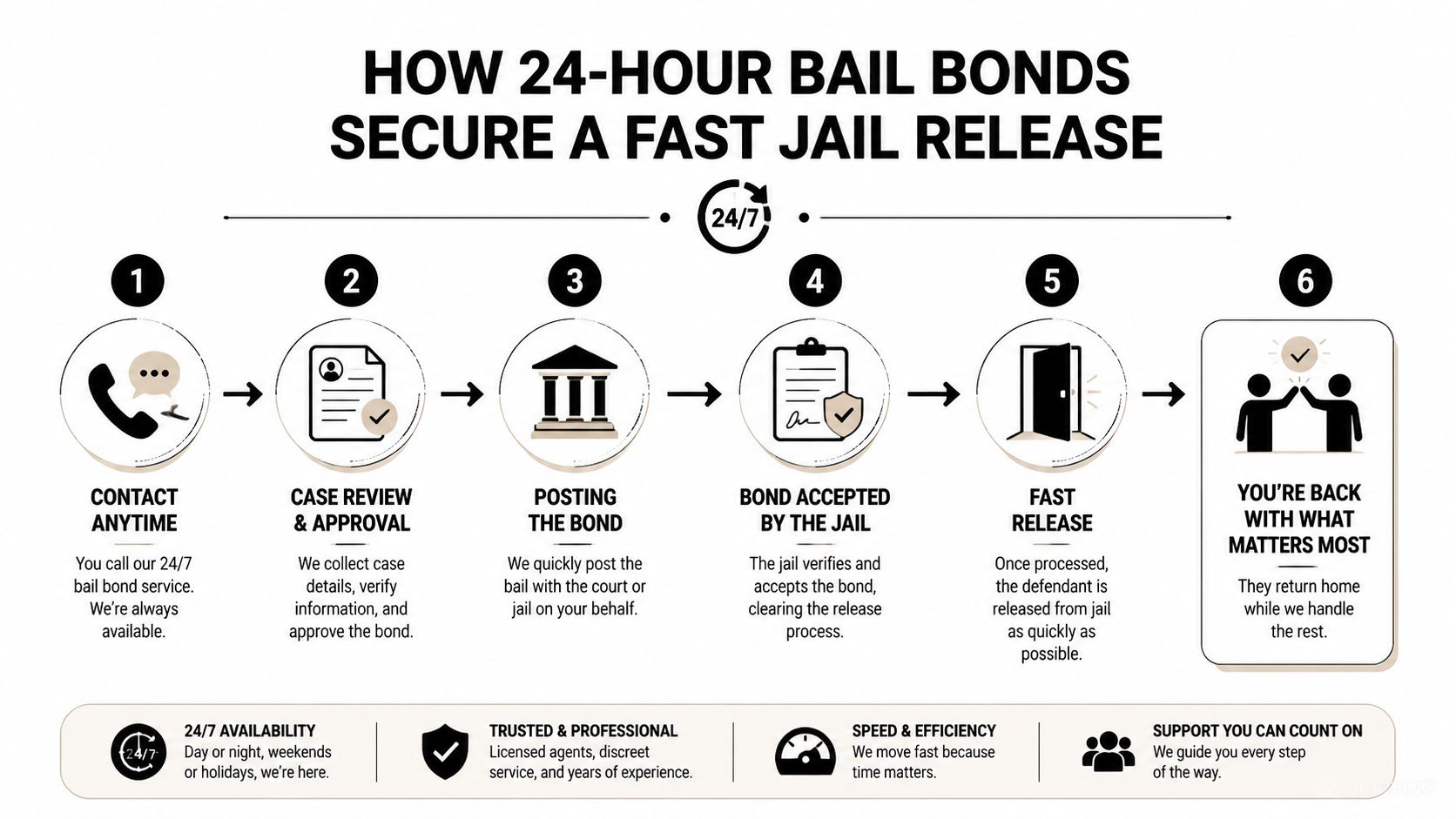 A six-step infographic explaining the 24-hour bail bond process for securing a fast release from jail.