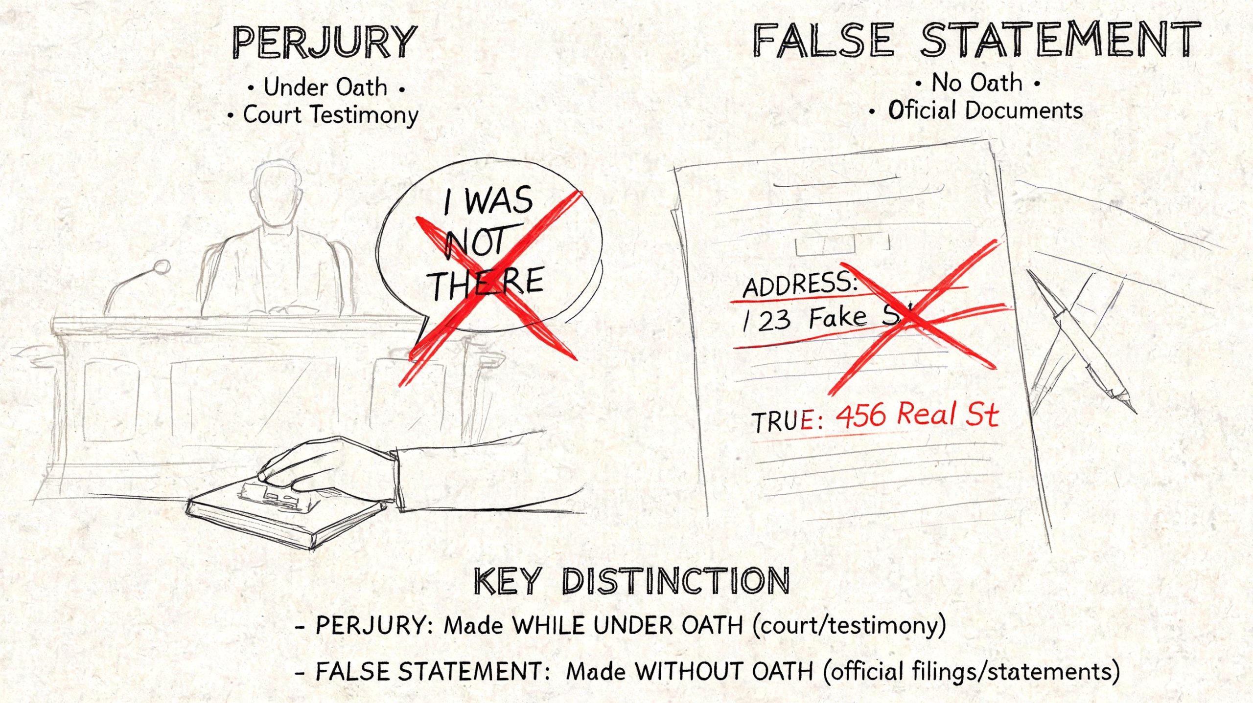 A diagram comparing perjury under oath in court with false statements made on official documents.