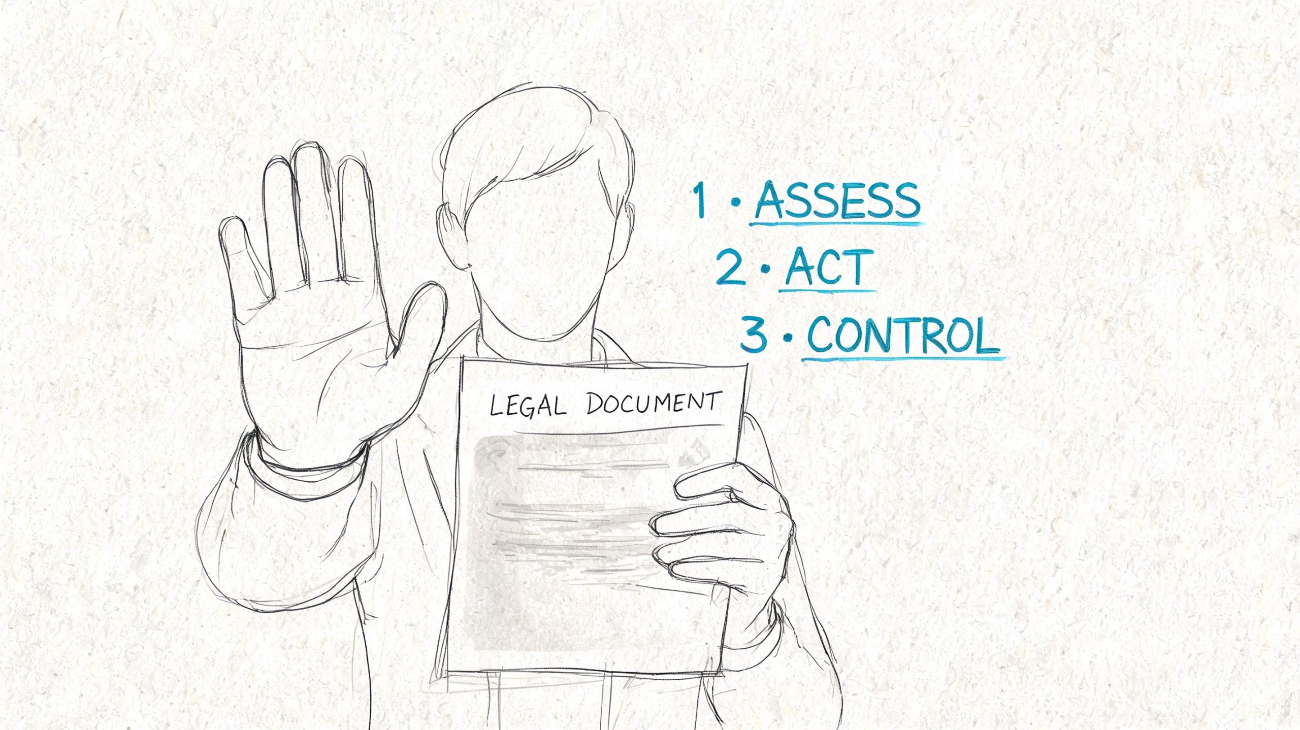 An illustration of a person holding up a hand to stop and a legal document with numbered steps.