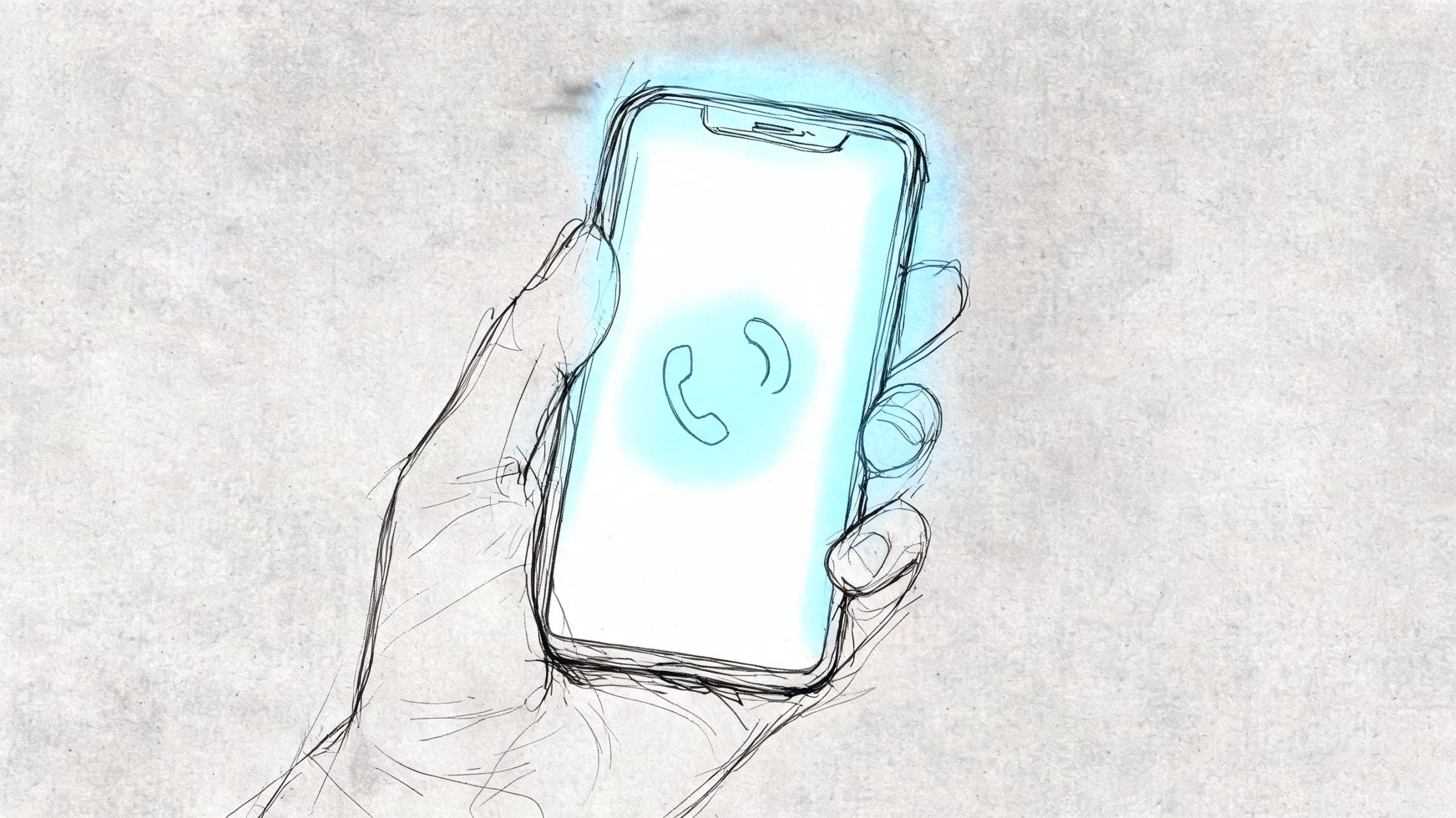 A hand-drawn sketch of a person holding a smartphone showing an incoming phone call icon.
