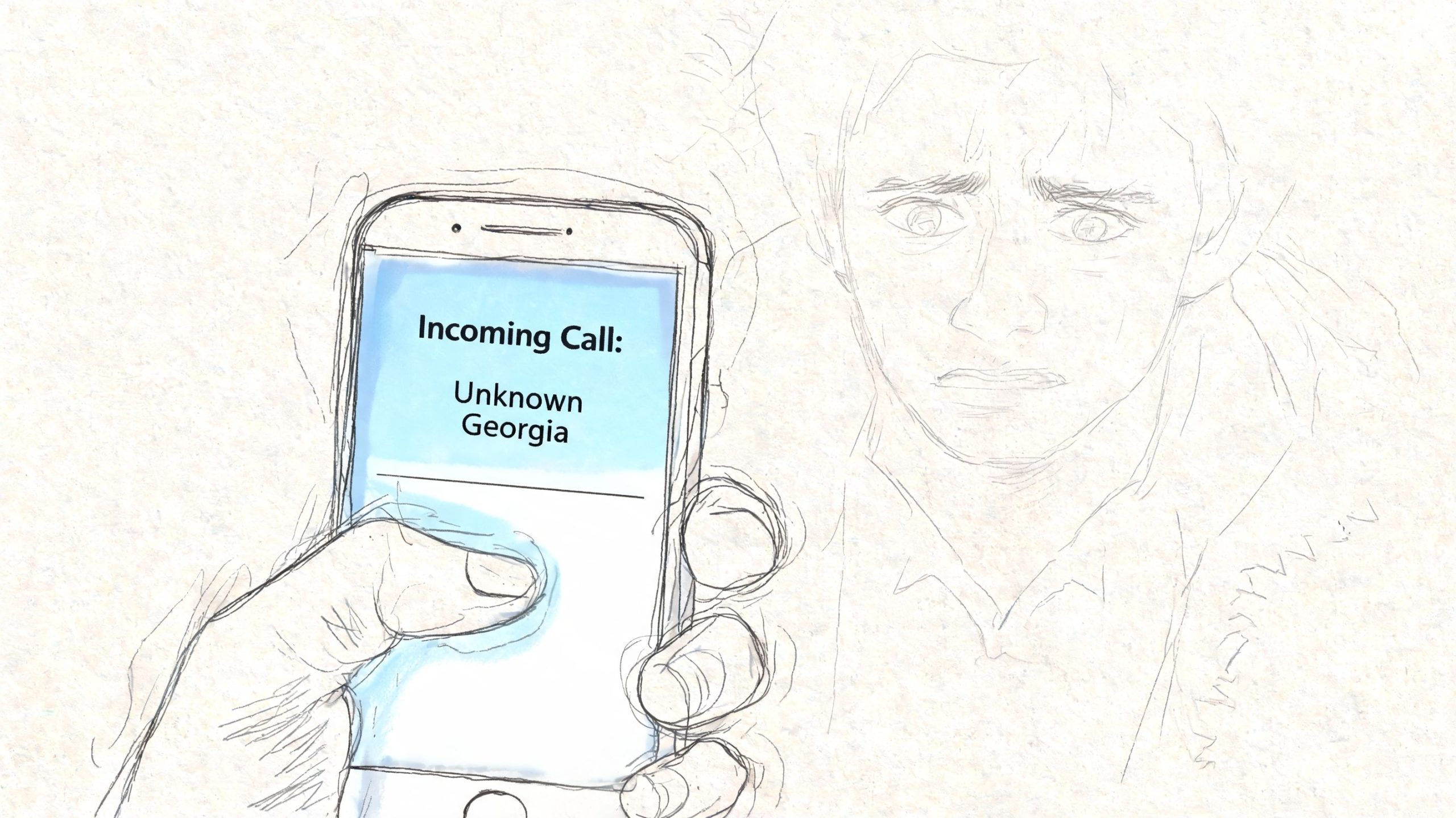 A hand holding a smartphone displaying an incoming call from an unknown number in Georgia.