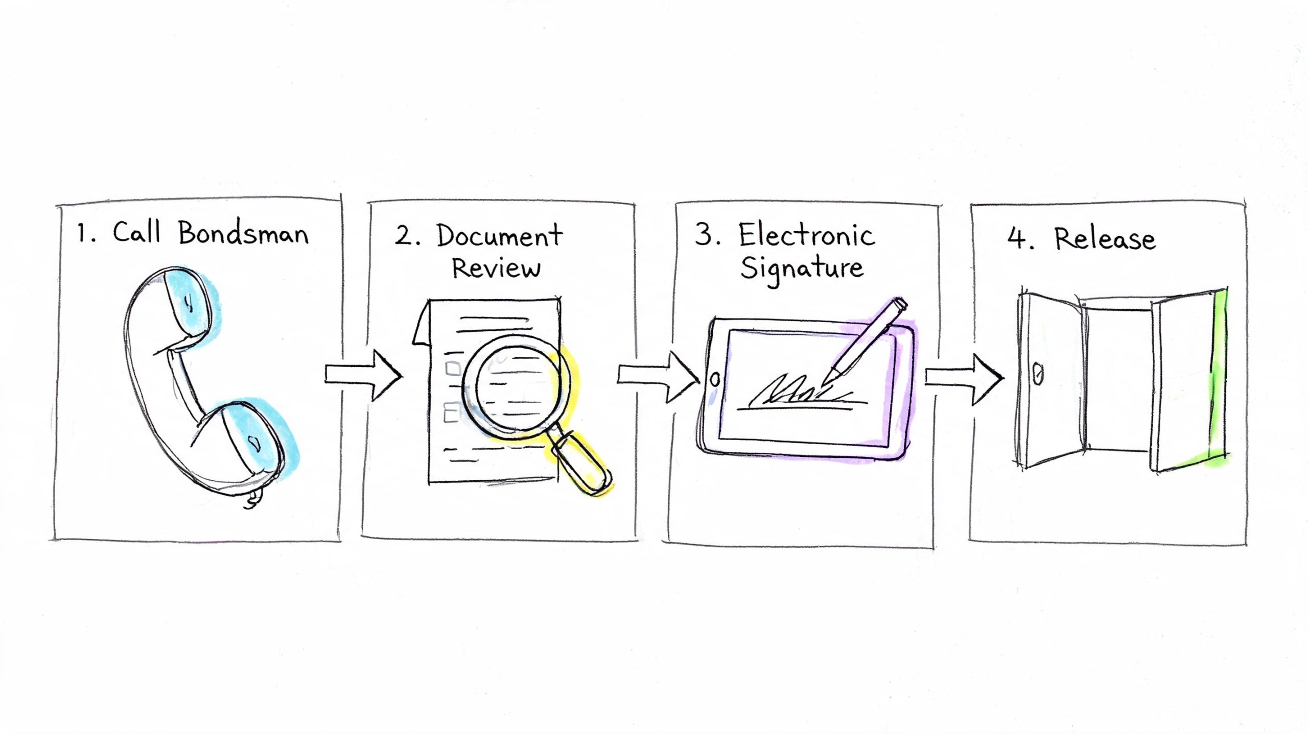 A simple four-step process diagram illustrating how to secure bail bonds starting with calling a bondsman.