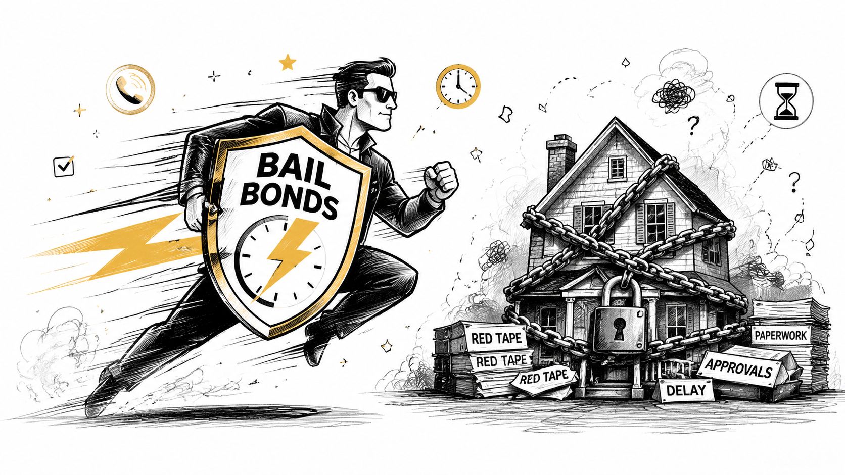 A man running with a bail bonds shield towards a house chained up with paperwork and delays.