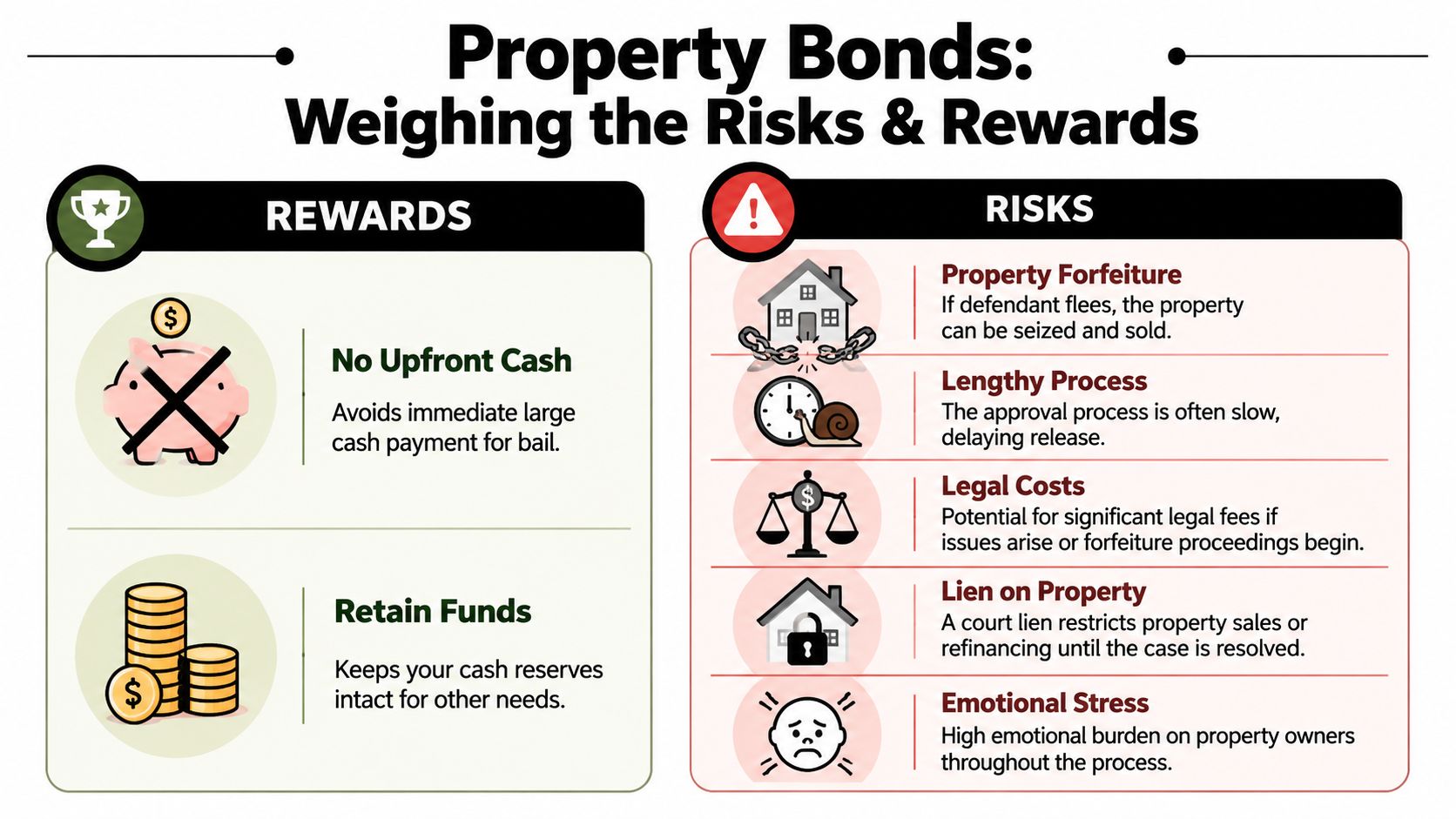 An infographic comparing the financial benefits and legal risks associated with using property bonds for bail.