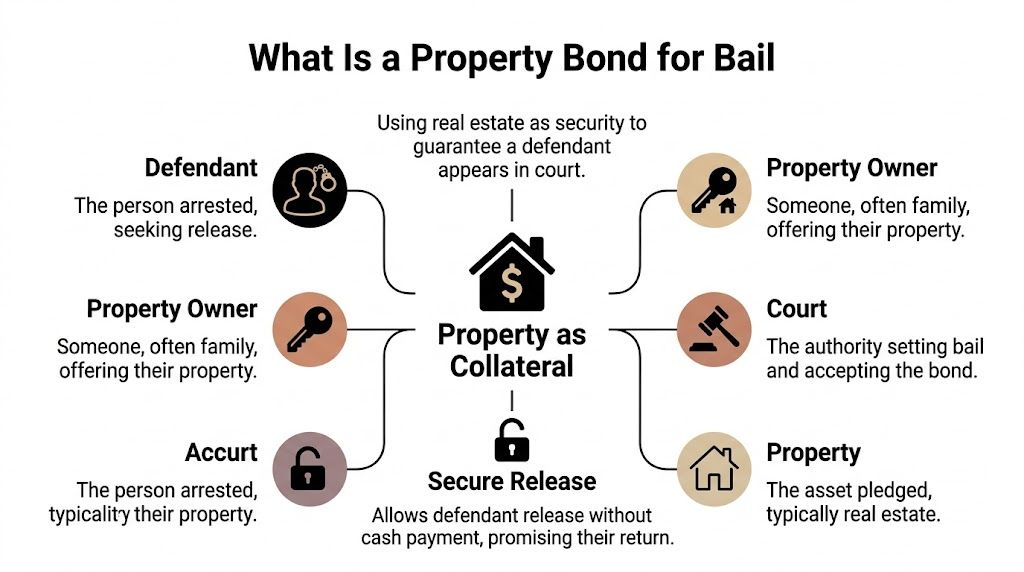 An infographic explaining the concept of a property bond for bail, illustrating participants and the collateral process.
