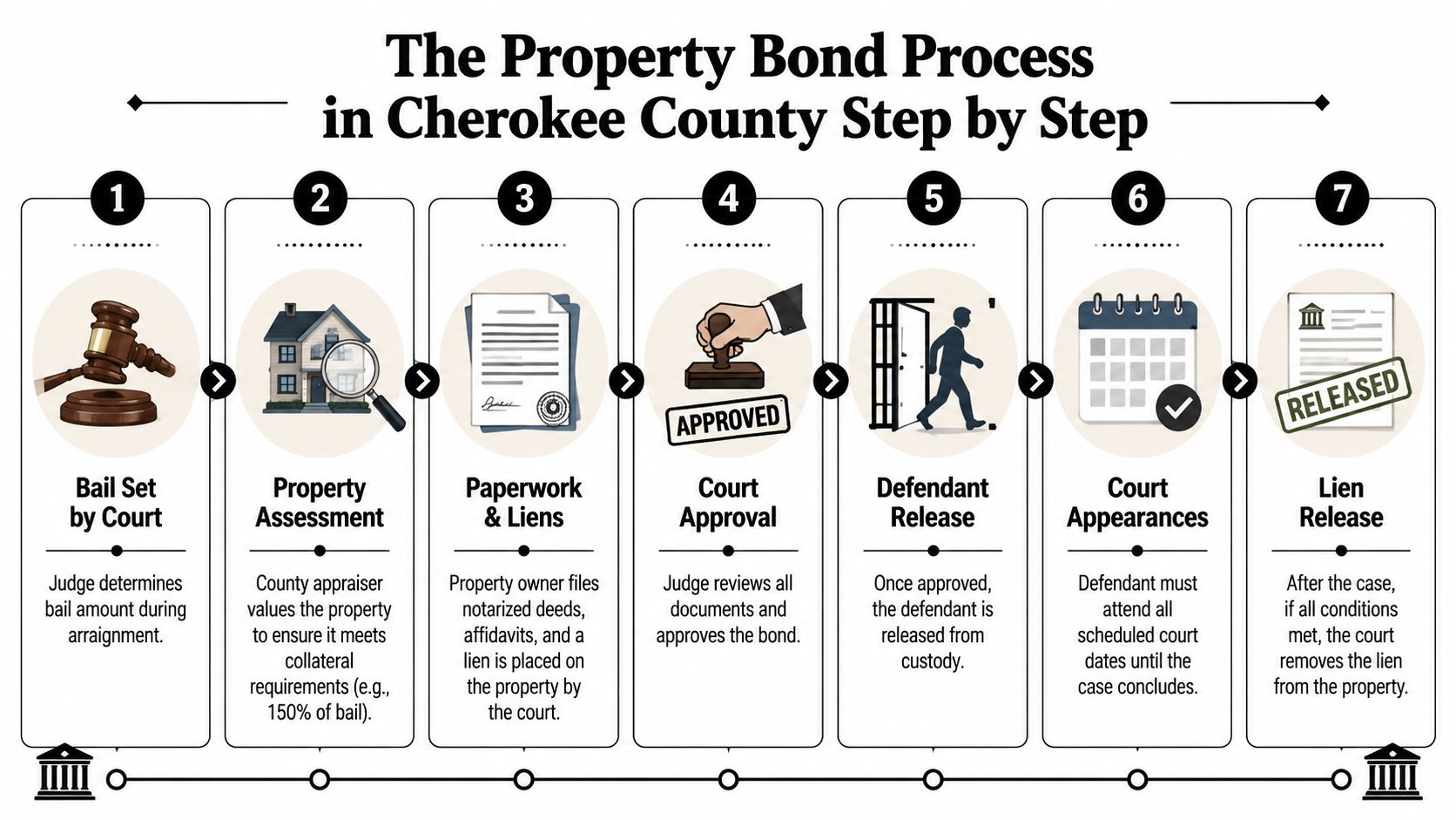 A step-by-step infographic showing the legal process for using property as a bond for bail in court.