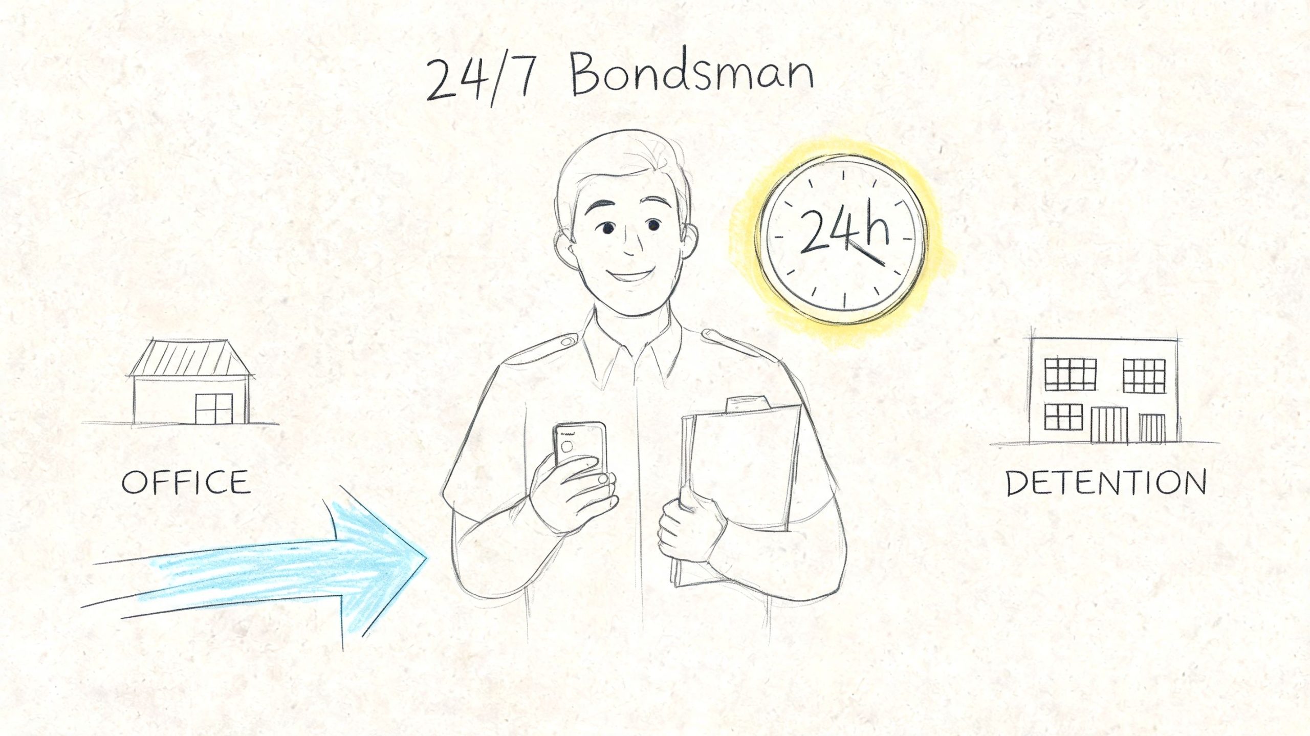 A professional bondsman holding a clipboard and phone with a 24/7 service icon between office and detention buildings.