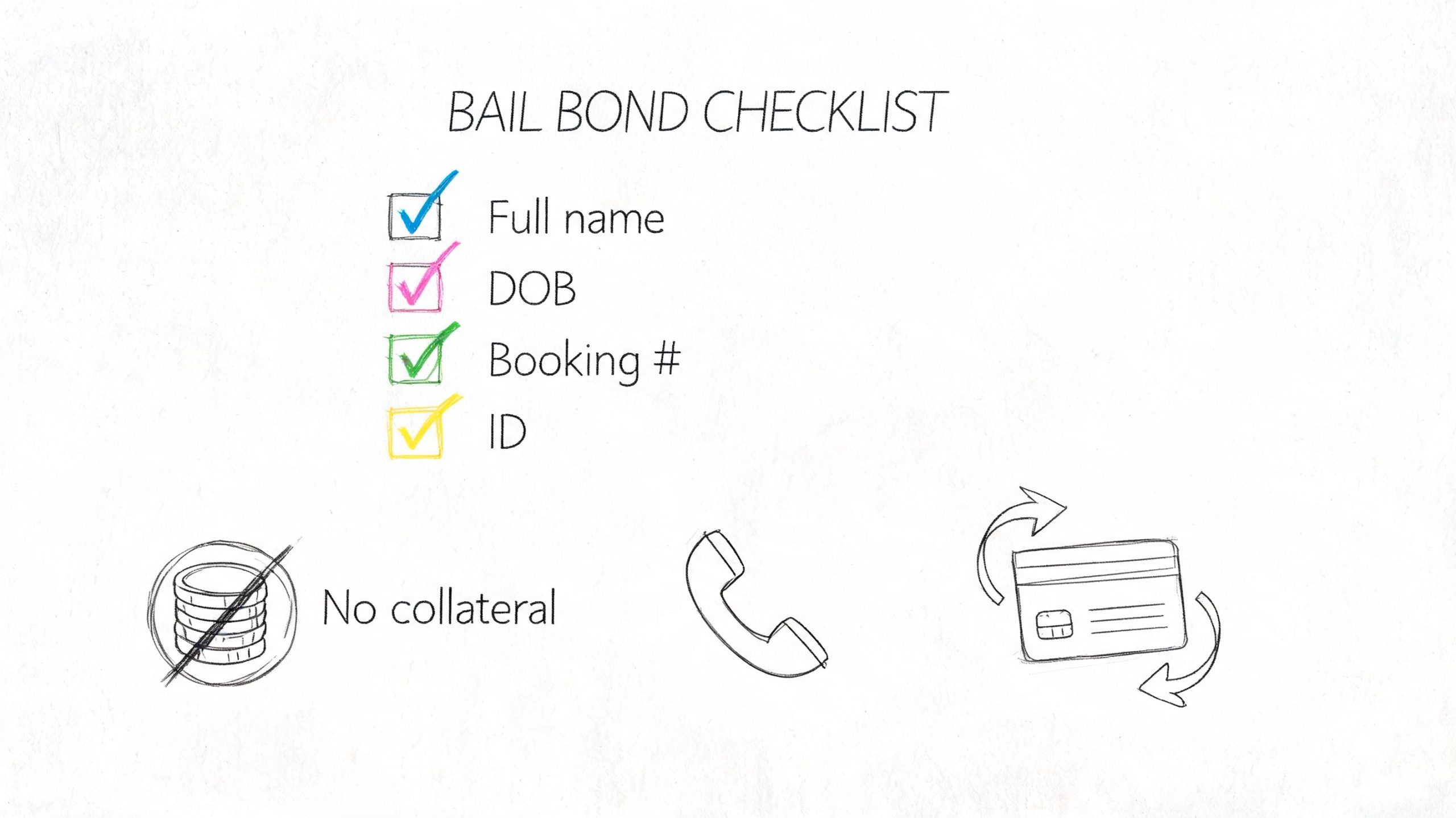 A checklist for bail bond services showing required information like name, date of birth, and booking number.