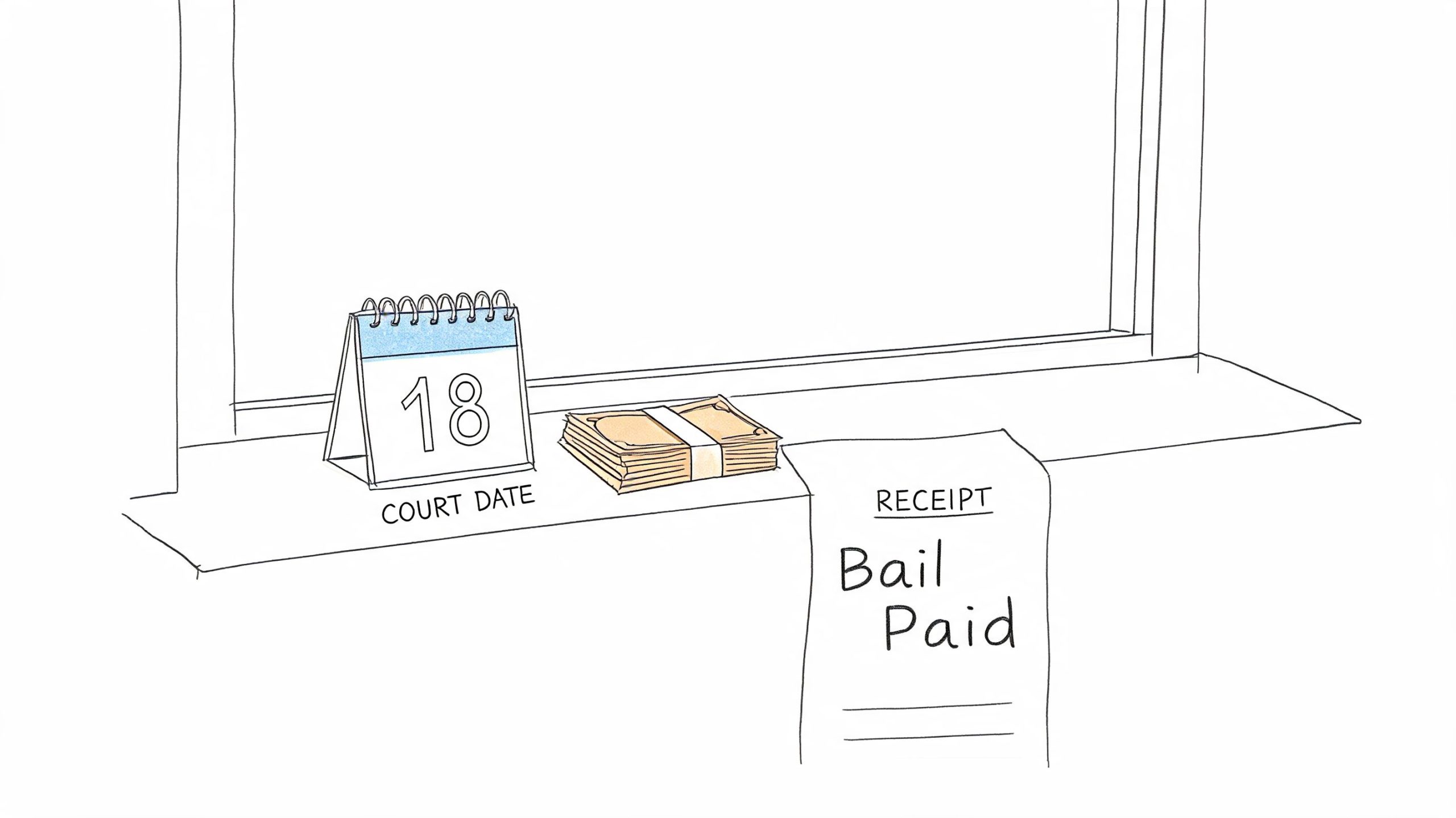 A hand-drawn illustration showing a calendar set to the 18th, a stack of cash, and a bail receipt.