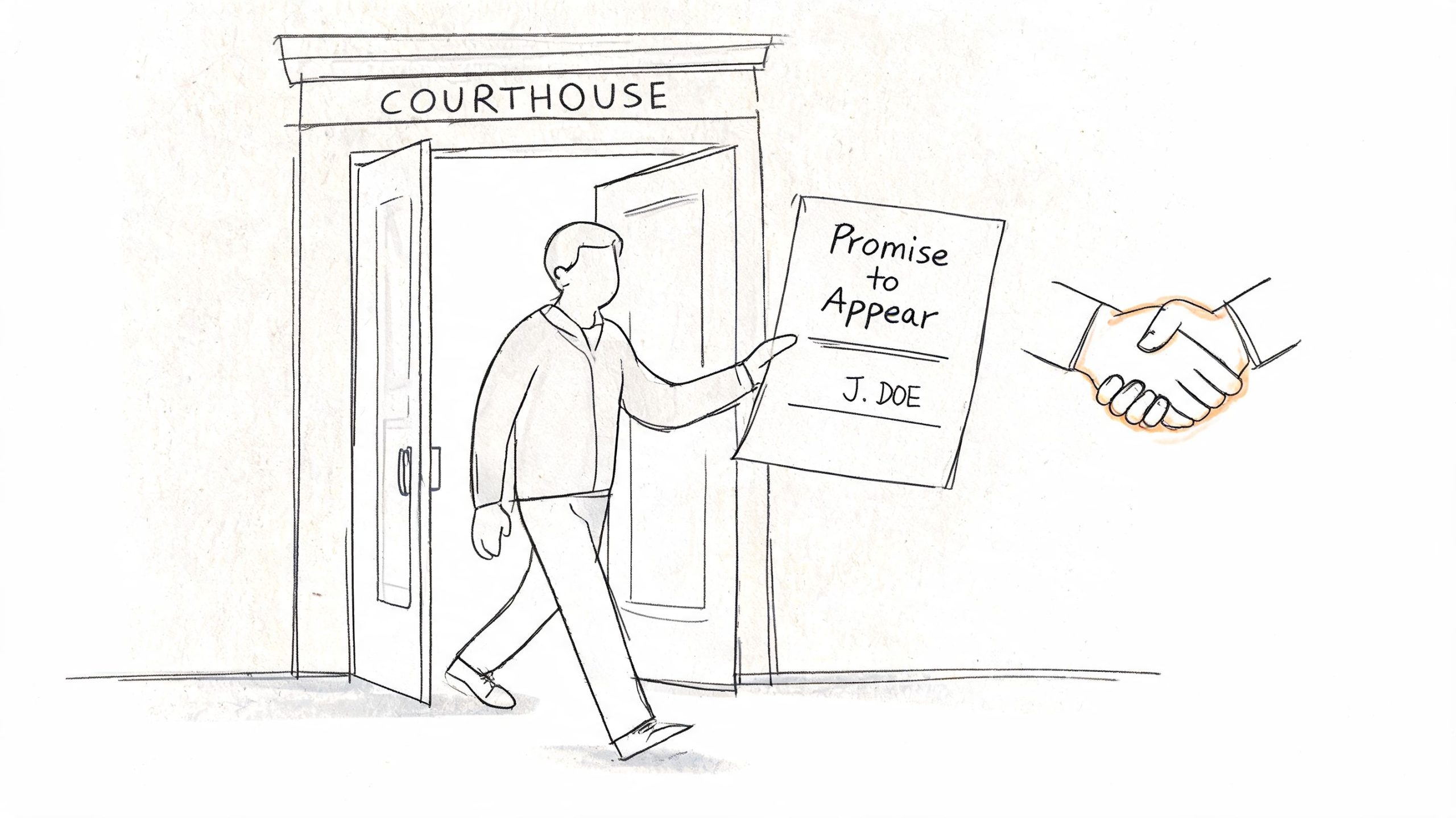 A person exits a courthouse while holding a signed legal document titled Promise to Appear for bail.