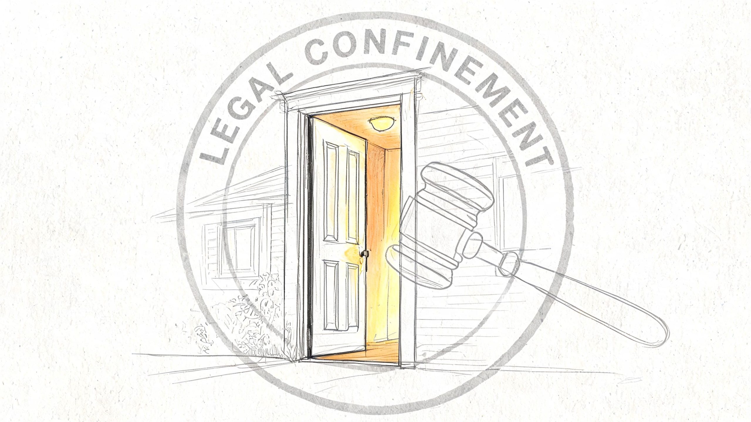 A pencil sketch of an open house door inside a circle with a gavel and text Legal Confinement.