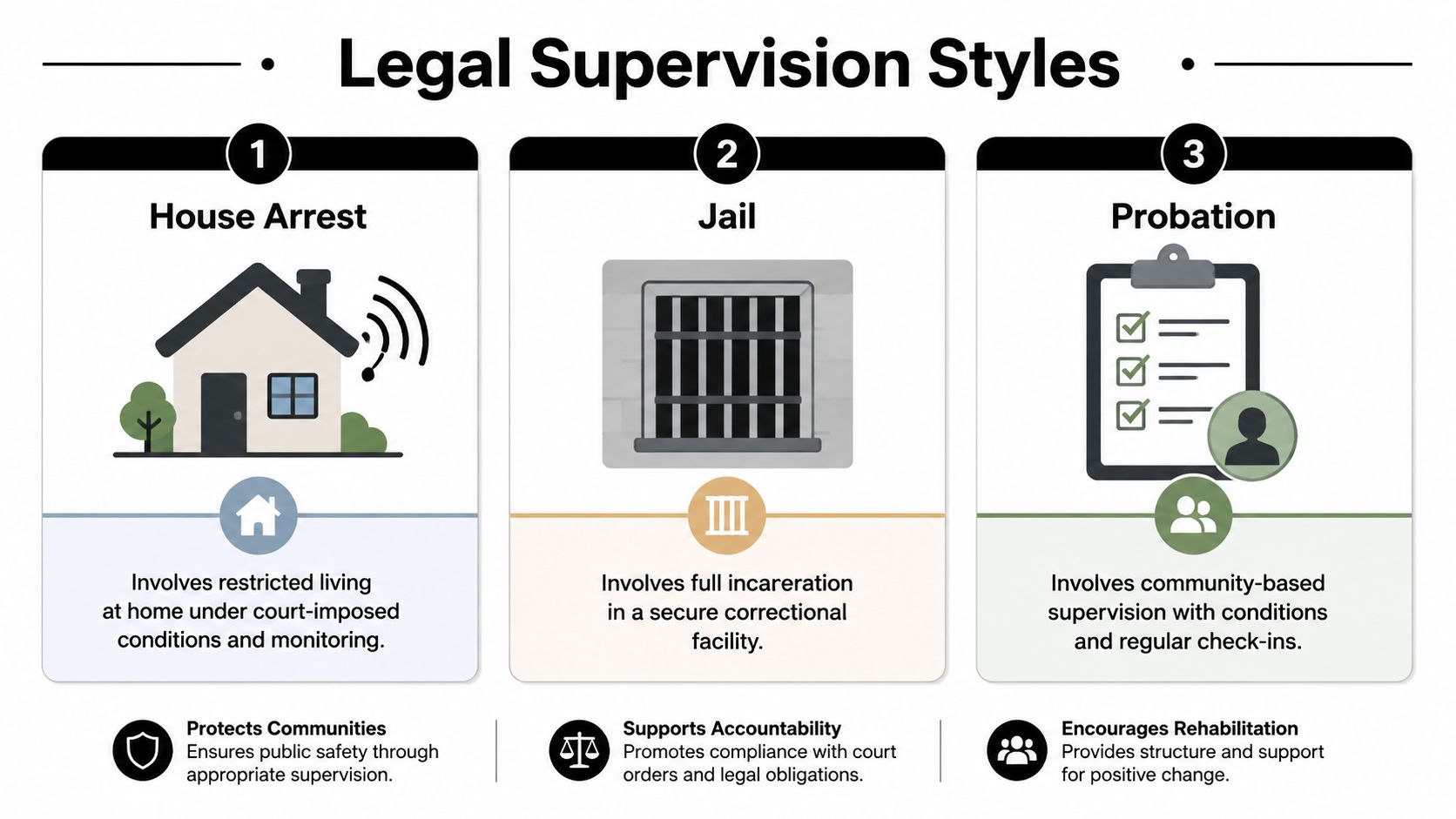 An infographic titled Legal Supervision Styles showing three methods: House Arrest, Jail, and Probation with descriptions.