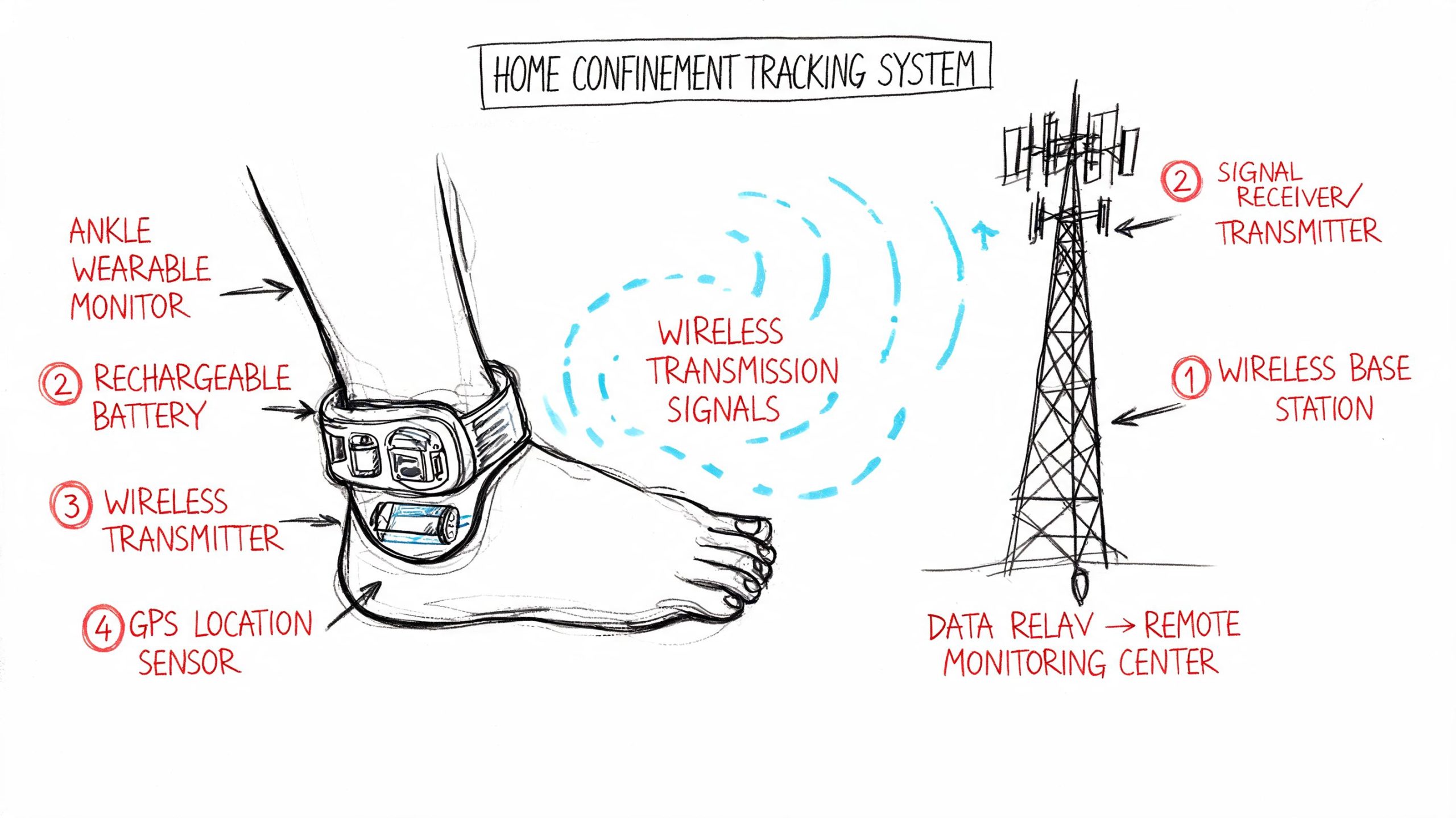 A diagram illustrating a home confinement tracking system with an ankle monitor worn on a person's leg.
