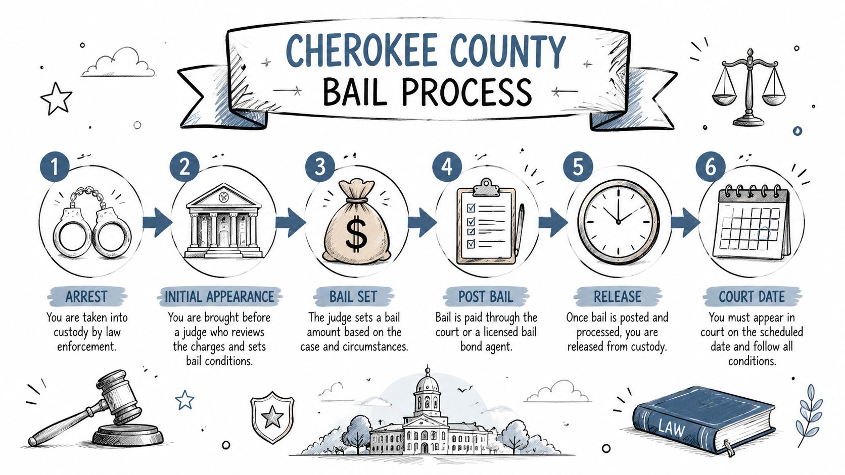 A visual infographic explaining the six steps of the Cherokee County bail process from arrest to court date.