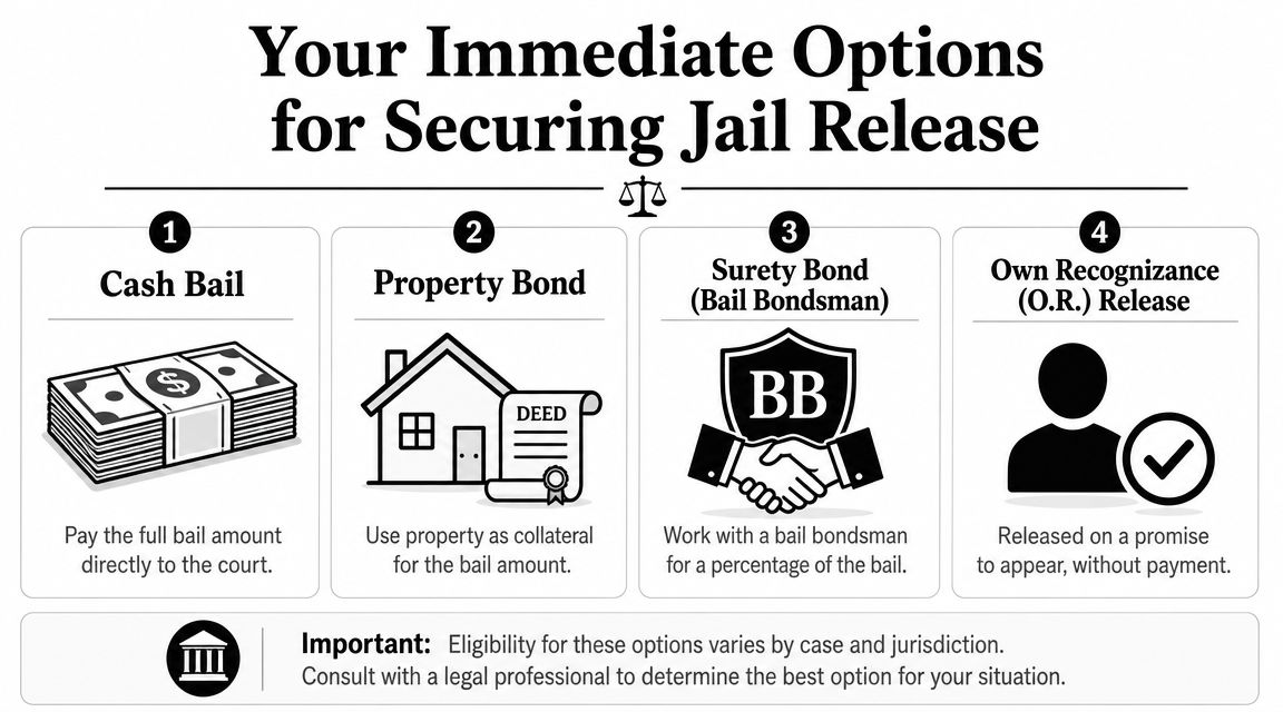 An infographic showing four common legal options for securing jail release, including cash, property, and bonds.