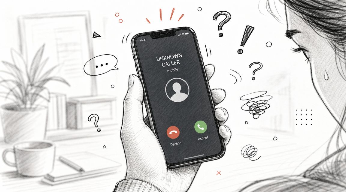 A hand holding a smartphone showing an unknown caller screen with icons indicating anxiety and confusion.