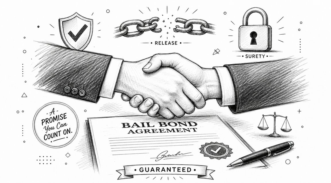 A pencil sketch of two people shaking hands over a formal bail bond agreement document.