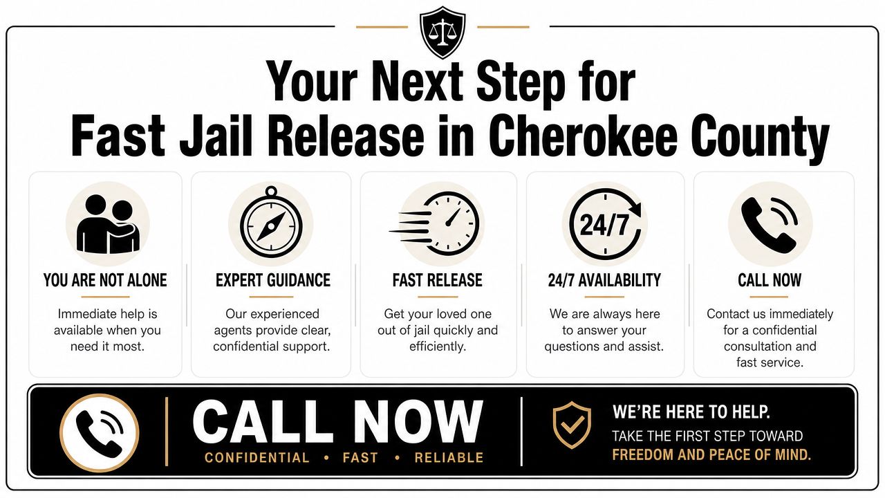Informational graphic promoting fast jail release bail bond services in Cherokee County with 24/7 support availability.