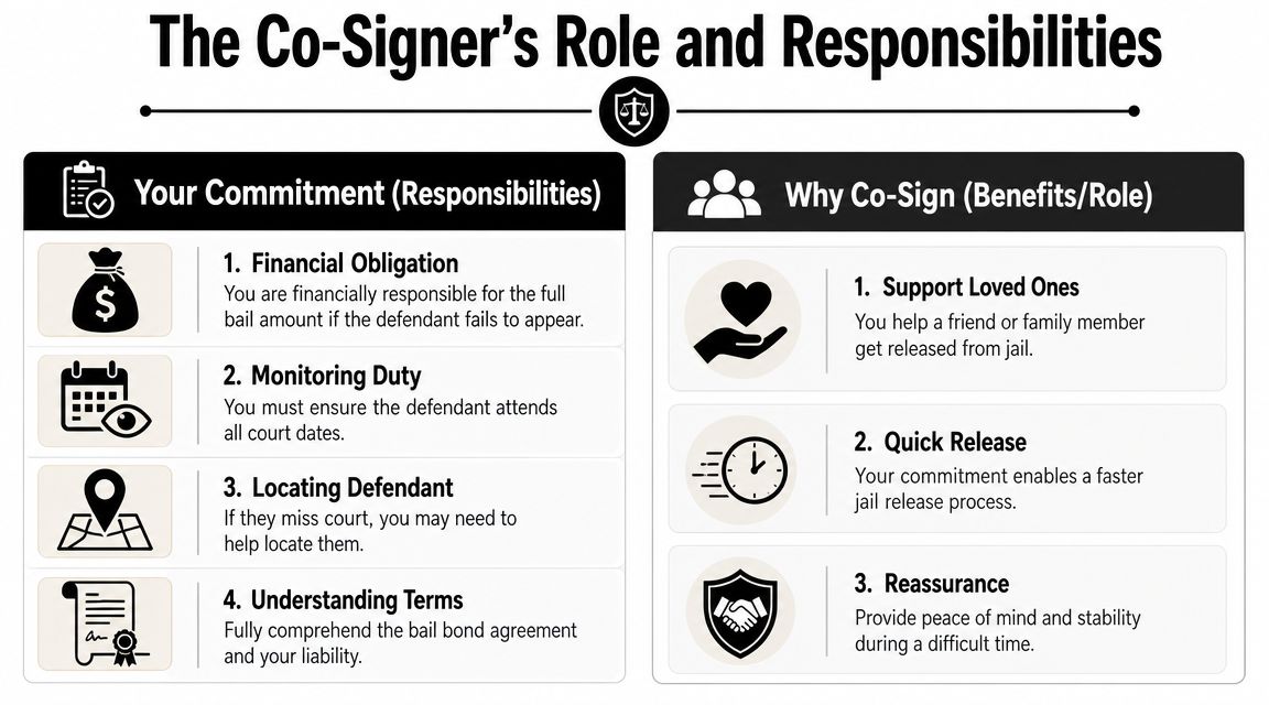 An infographic detailing the responsibilities and benefits for a person acting as a bail bond co-signer.