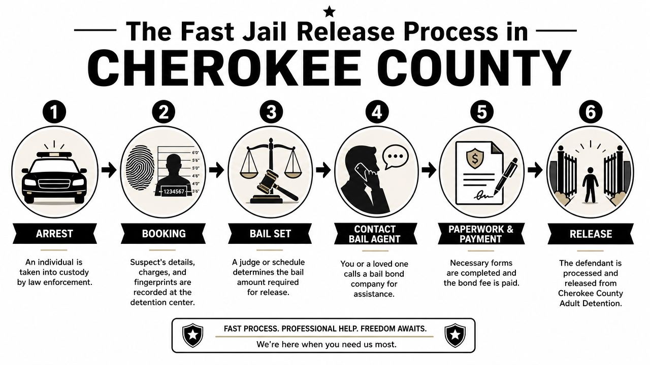 A six-step infographic detailing the jail release process for bail bonds in Cherokee County, Georgia.