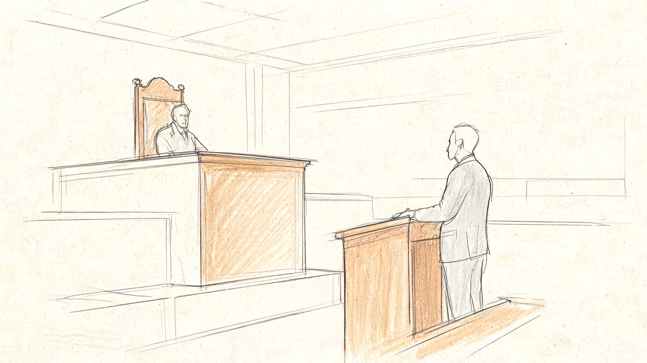 A courtroom sketch depicting a judge sitting at the bench while an attorney stands at a lectern.
