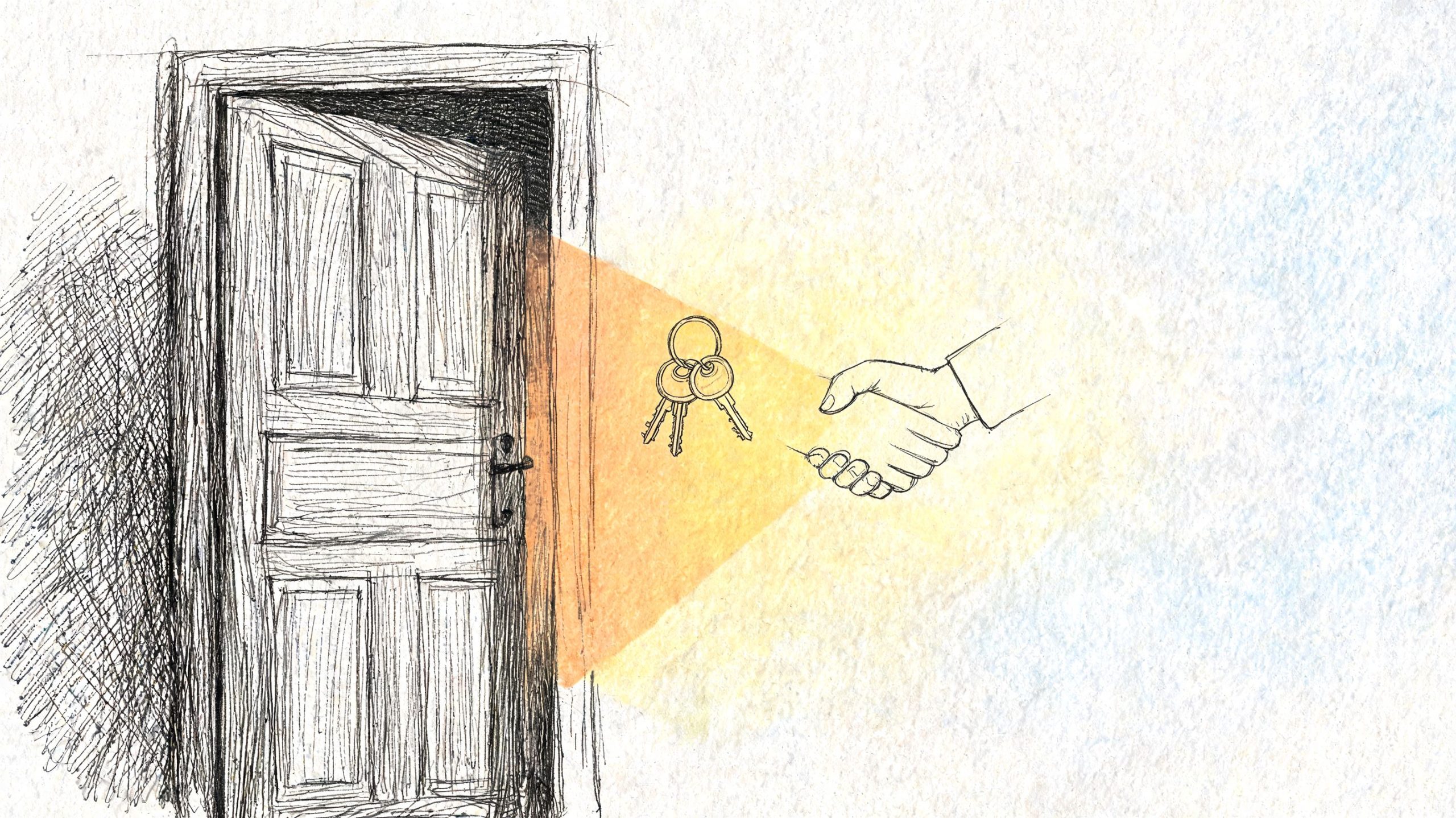A conceptual drawing of a hand holding keys in a handshake, emerging from an open door.