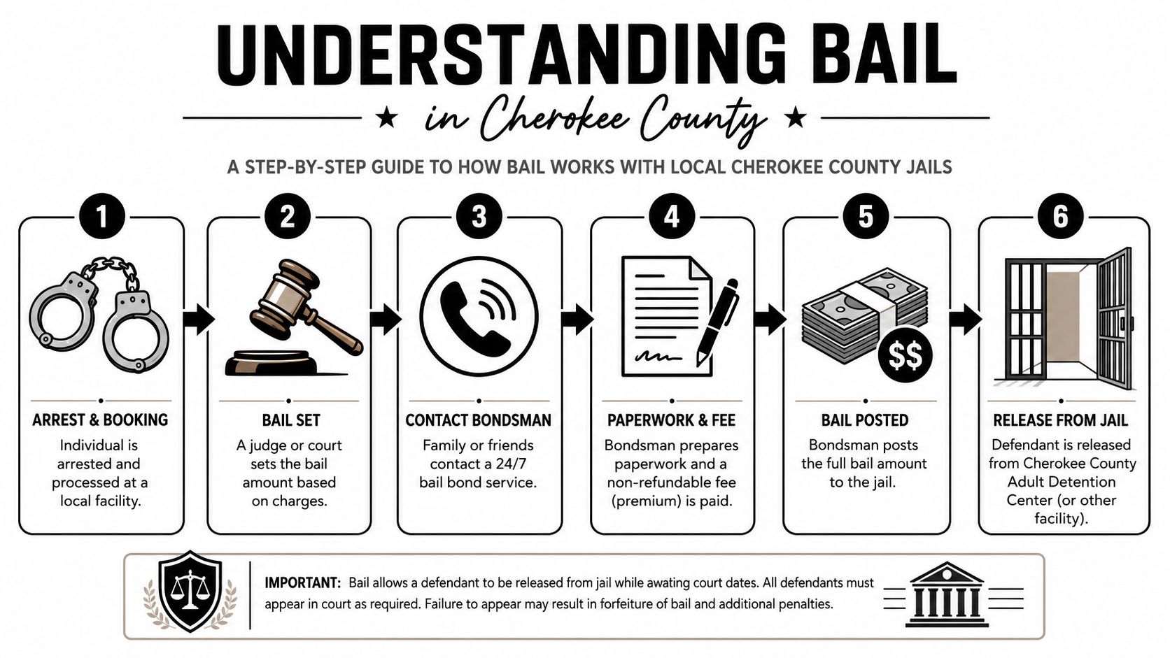 A six-step flowchart infographic illustrating the bail bond process in Cherokee County for legal awareness.