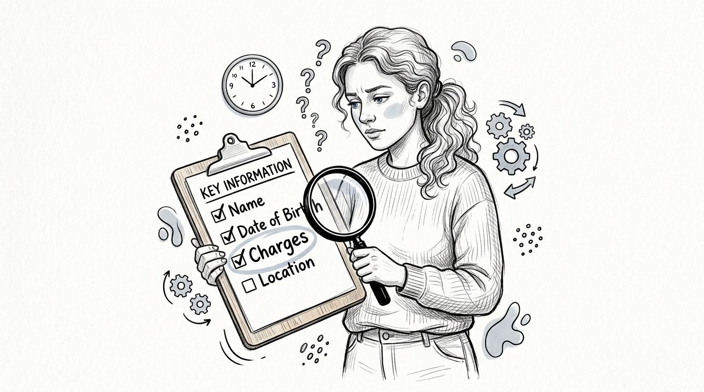 A concerned woman examining a checklist labeled Key Information with a magnifying glass while reviewing legal charges.