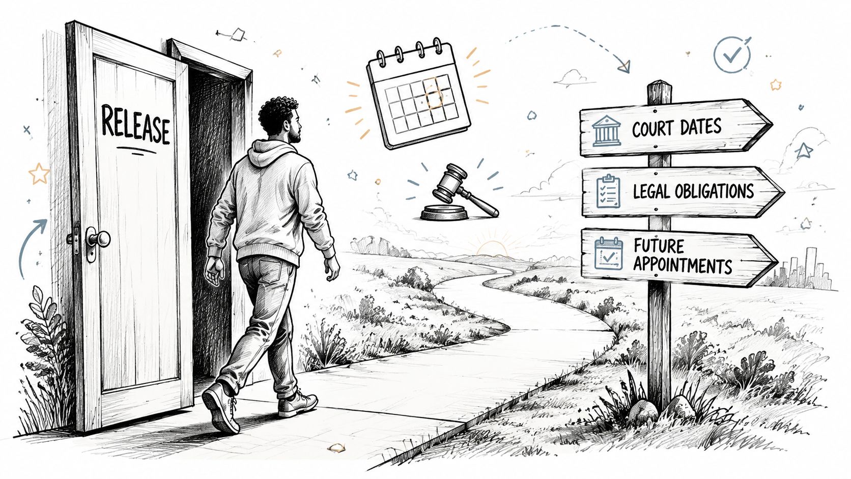 A man stepping out of a doorway labeled release towards a path with legal obligation signs.