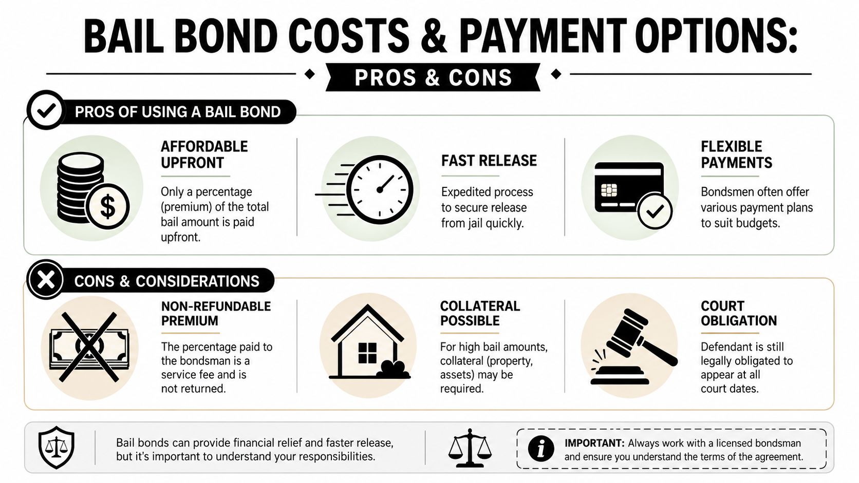 An infographic detailing the pros and cons of using bail bond services for payment and release.