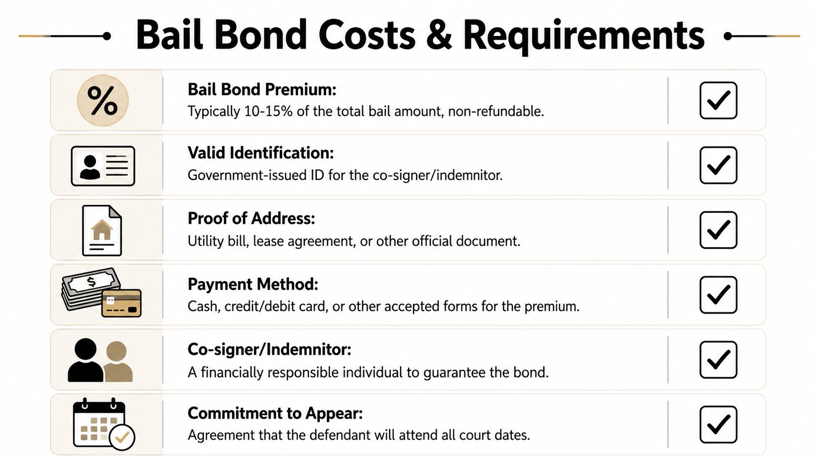An infographic titled Bail Bond Costs and Requirements listing the six essential documents and conditions needed.