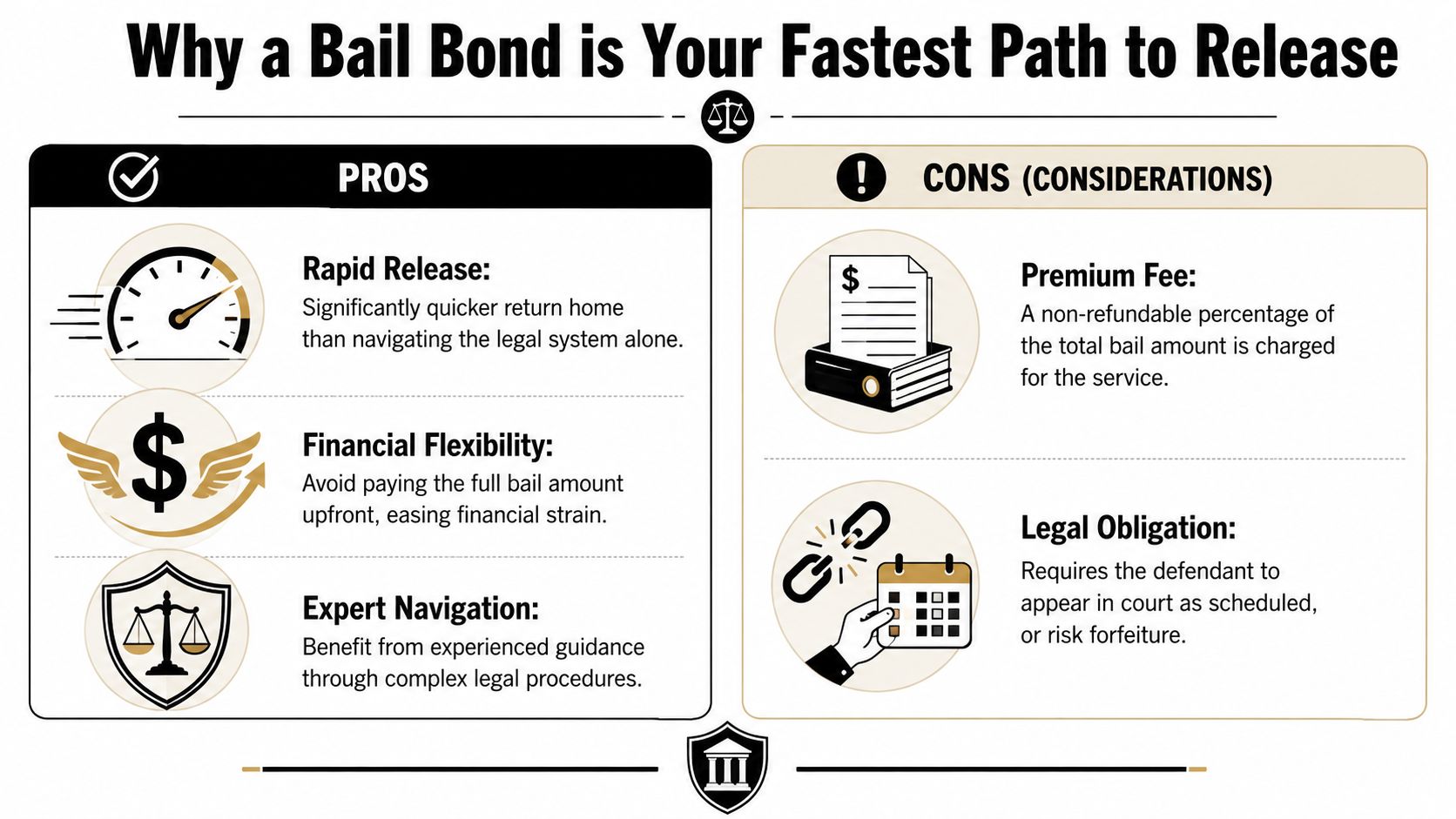 An infographic titled Why a Bail Bond is Your Fastest Path to Release, showing pros and cons.