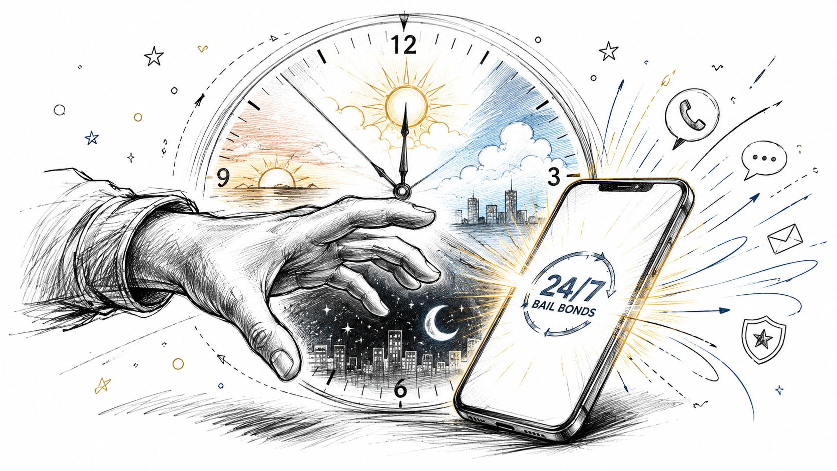 A hand reaching towards a smartphone displaying 24/7 bail bonds service with a clock background